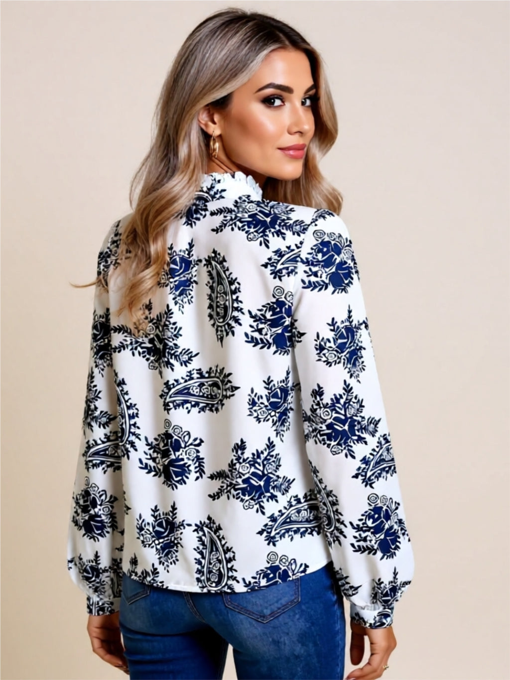 Frill Neck Buttoned Paisley Print Blouse