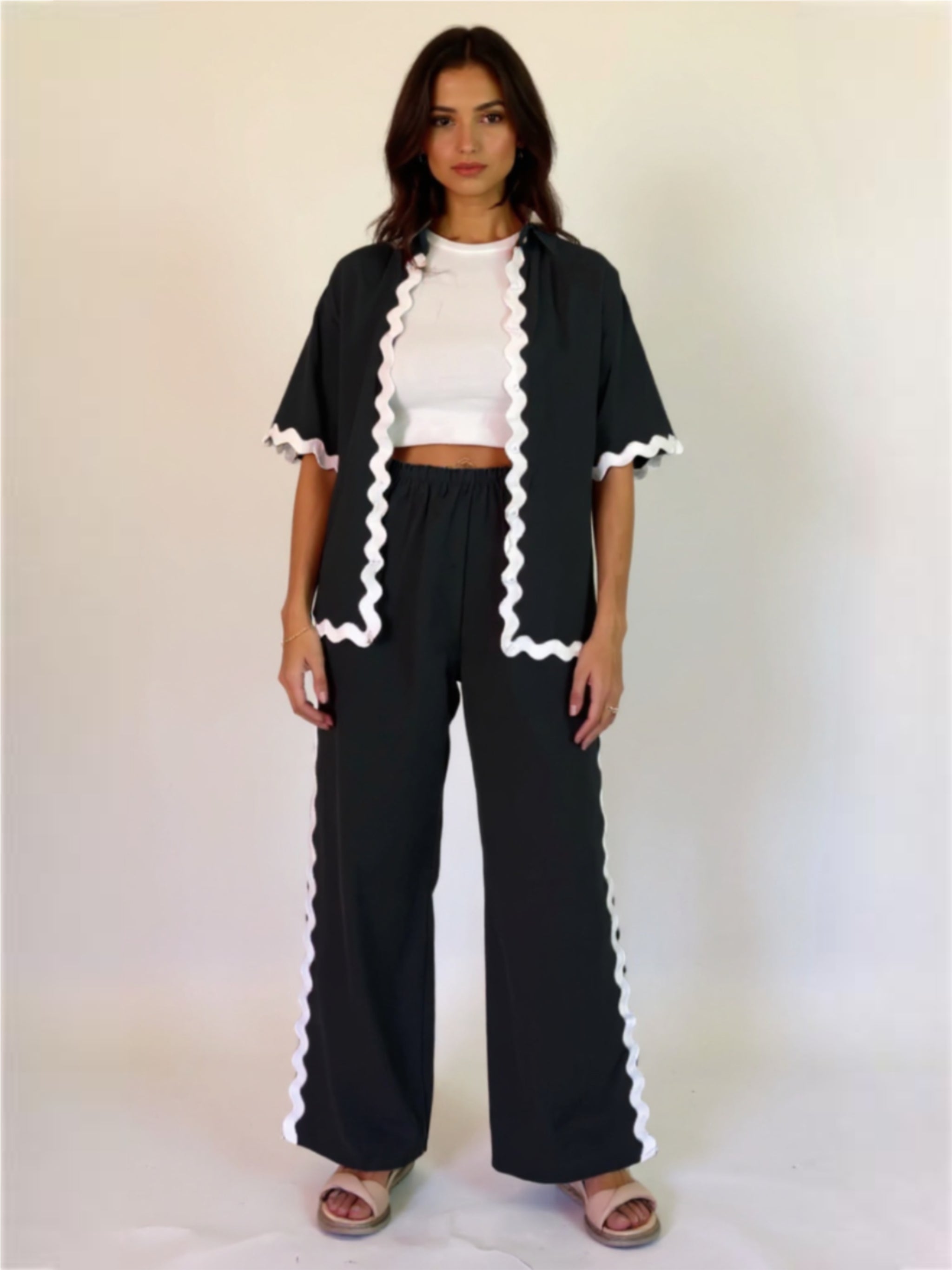 Black Contrast Trim Half Sleeve Top &  Pants Set