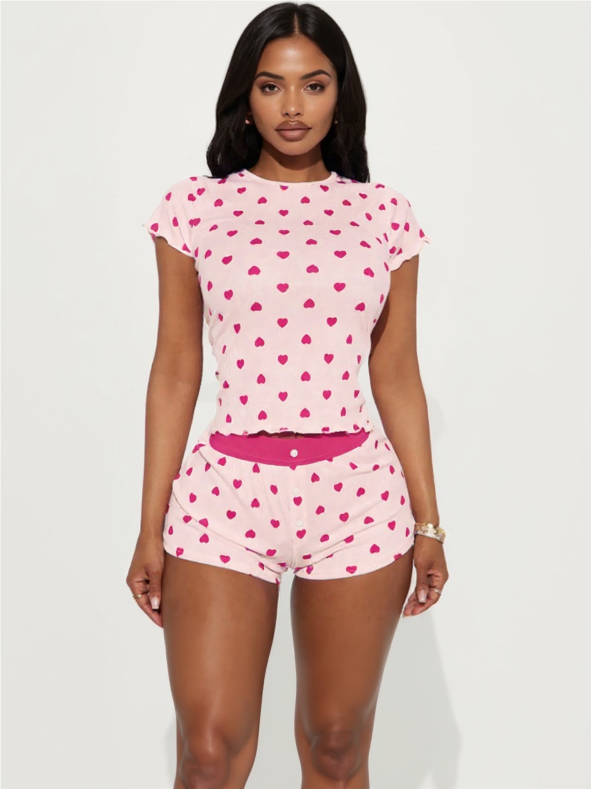 Heart Print Top & Shorts Loungewear Set