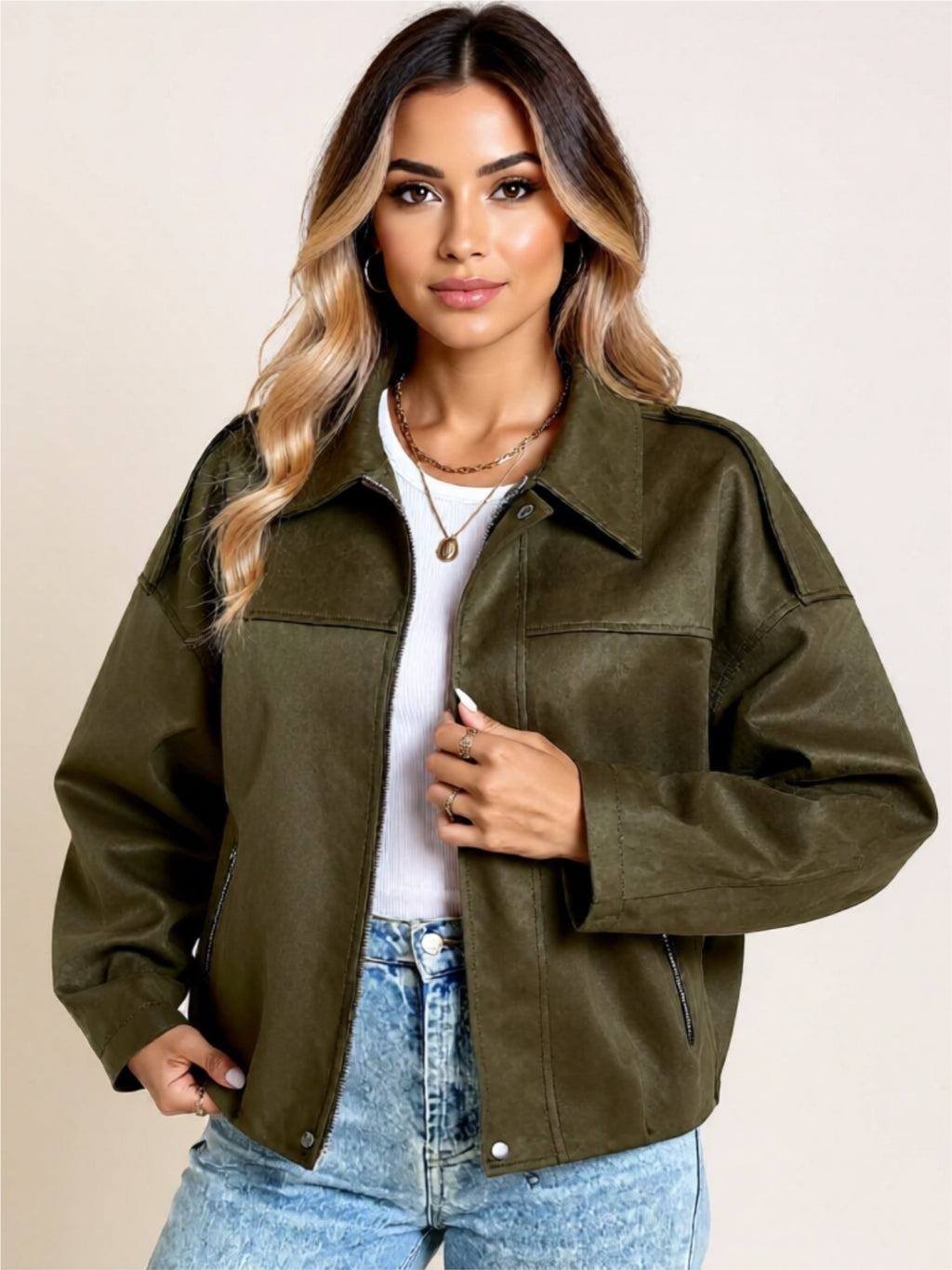 Olive Green Buttoned & Zipper Front Jacket