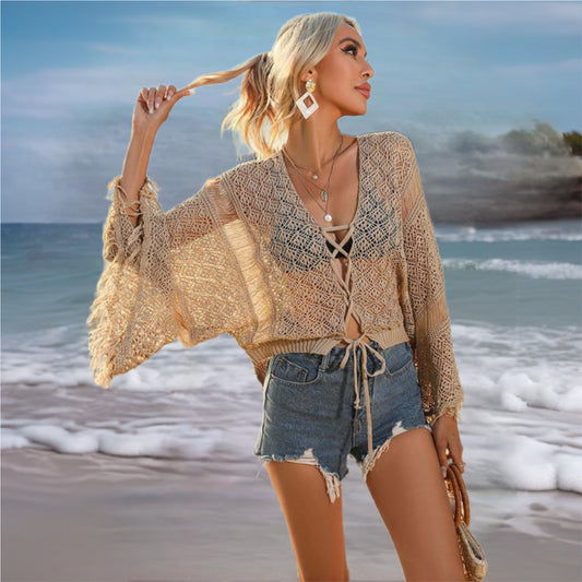 Knit Cover Up Top with Flared Sleeves
