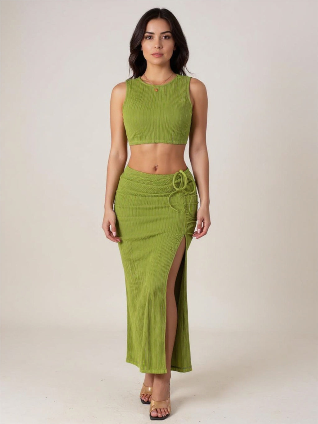 Texture Cropped Tank & Ruched Skirt Set