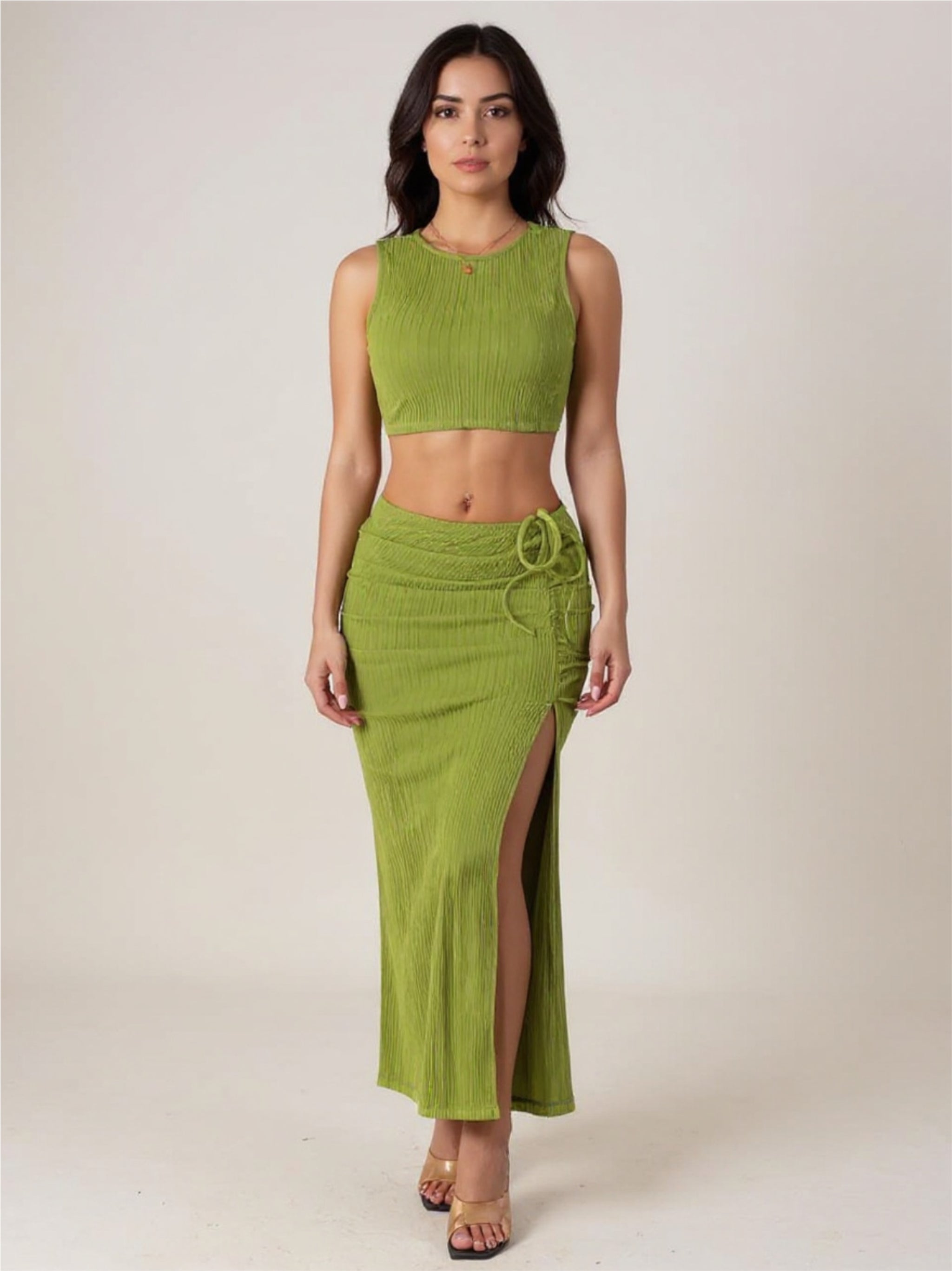 Texture Cropped Tank & Ruched Skirt Set