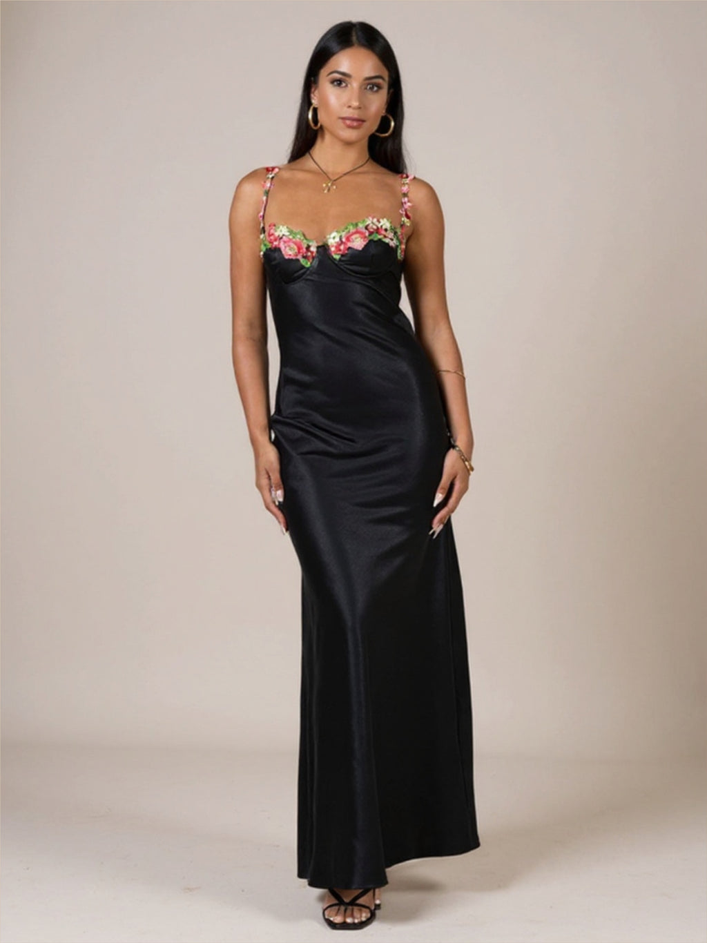 Satin Floral Embroidered Bodycon Dress