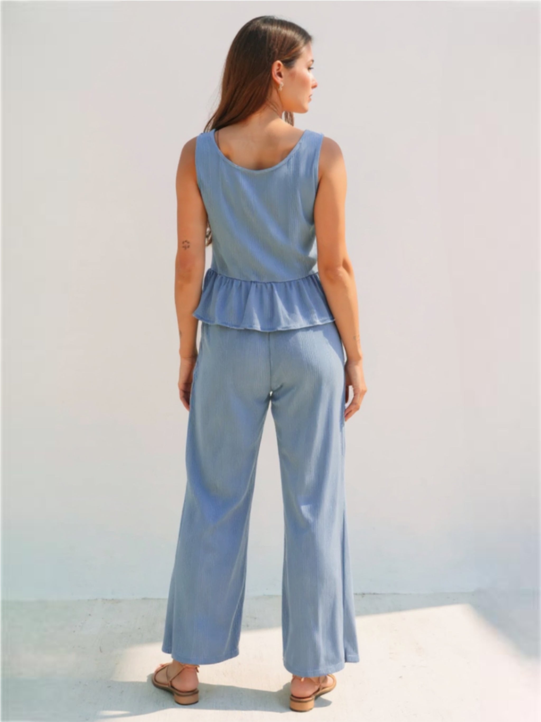 Color Ribbed Ruffle Tank Top & Pants Set