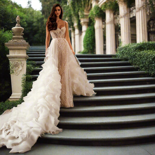 Beaded Strapless Wedding Dress With Detachable Tail