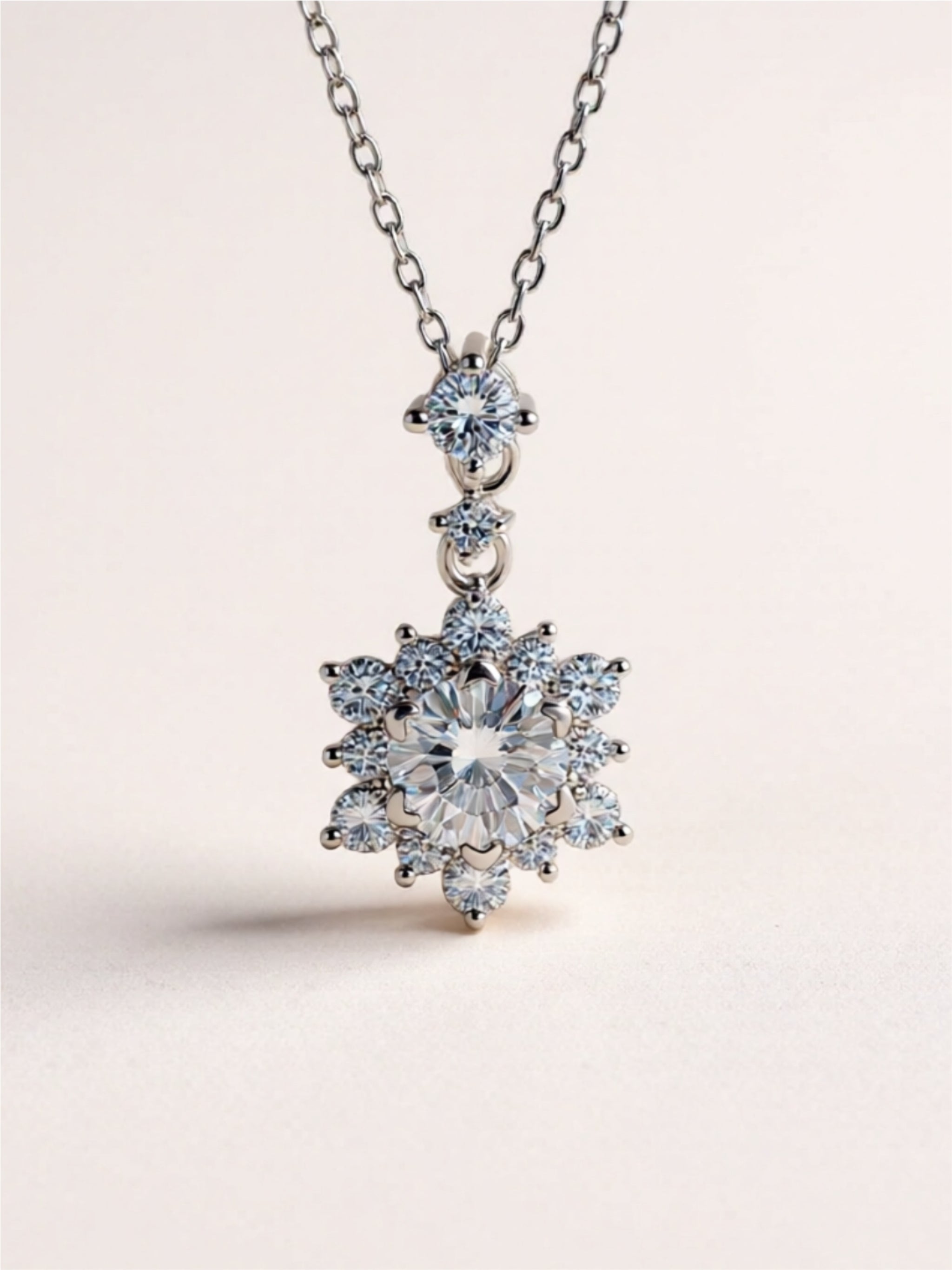 Snowflake Moissanite Pendant Necklace in 925 Sterling Silver – 1 Carat Center Stone with Zircon Accents