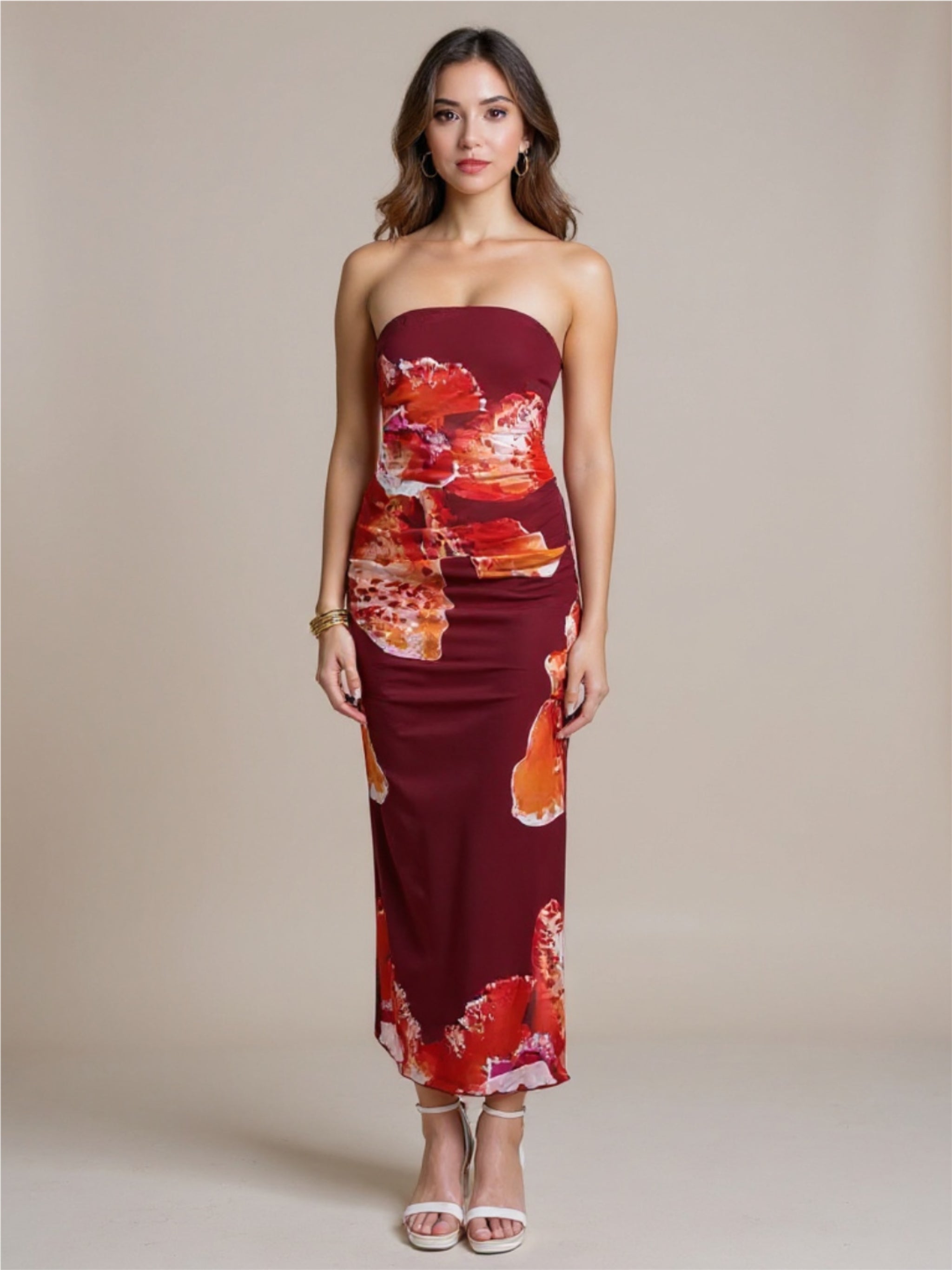 Burgundy Floral Strapless Maxi Dress