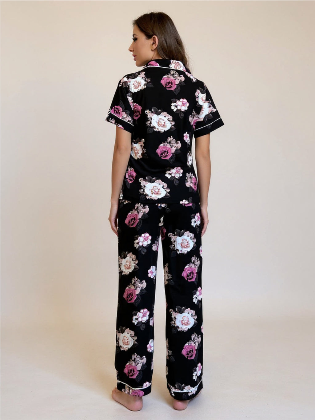 Black Floral Short Sleeve Shirt & Pants Pajama Set