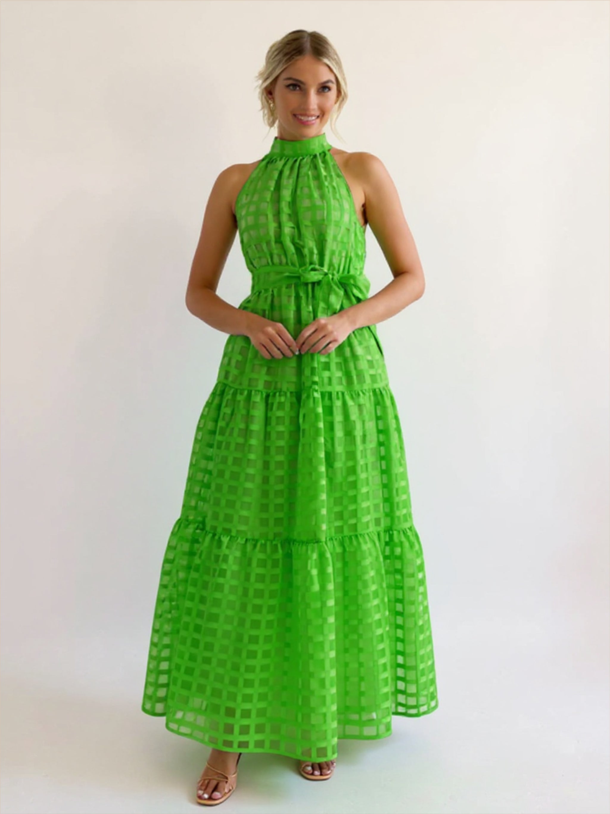 Solid Plaid Halter Neck Maxi Dress