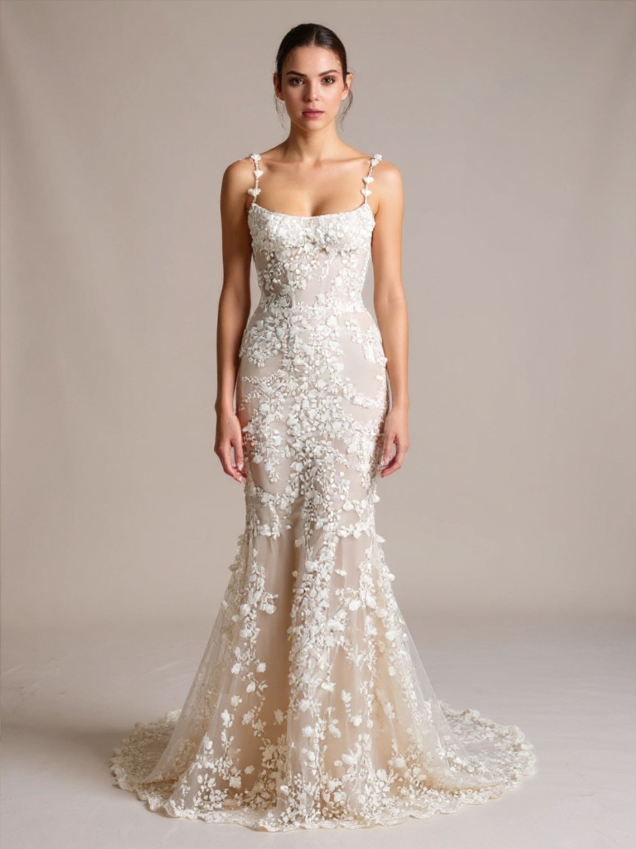 Spaghetti-Strapped Floral Appliquéd Wedding Dress