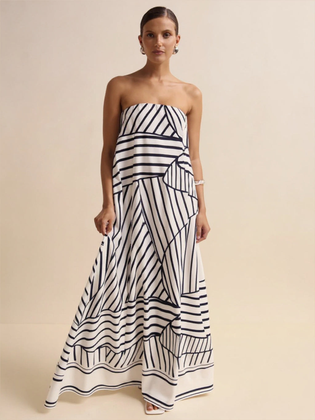 Strapless Black & White Striped Maxi Dress