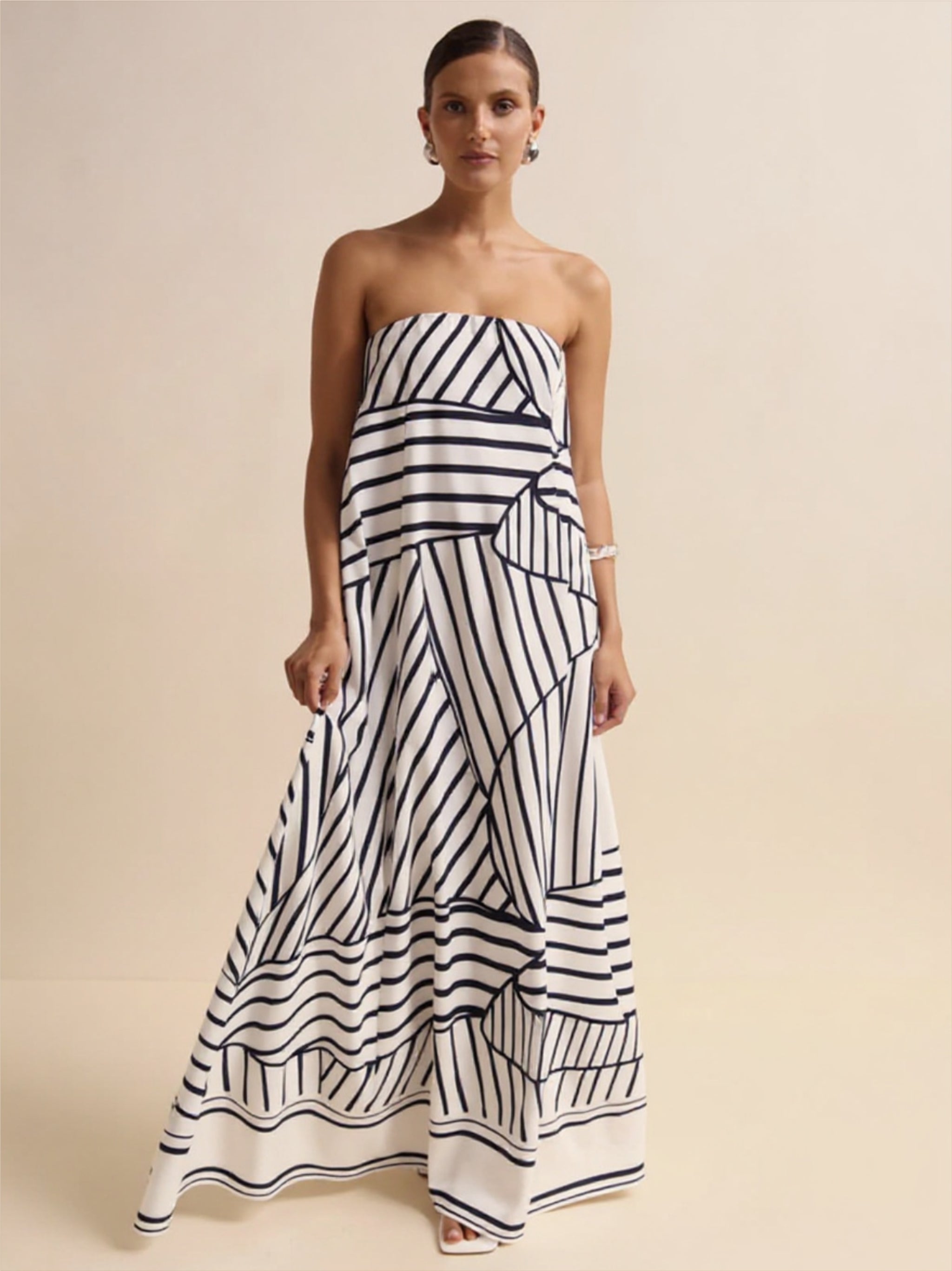 Strapless Black & White Striped Maxi Dress