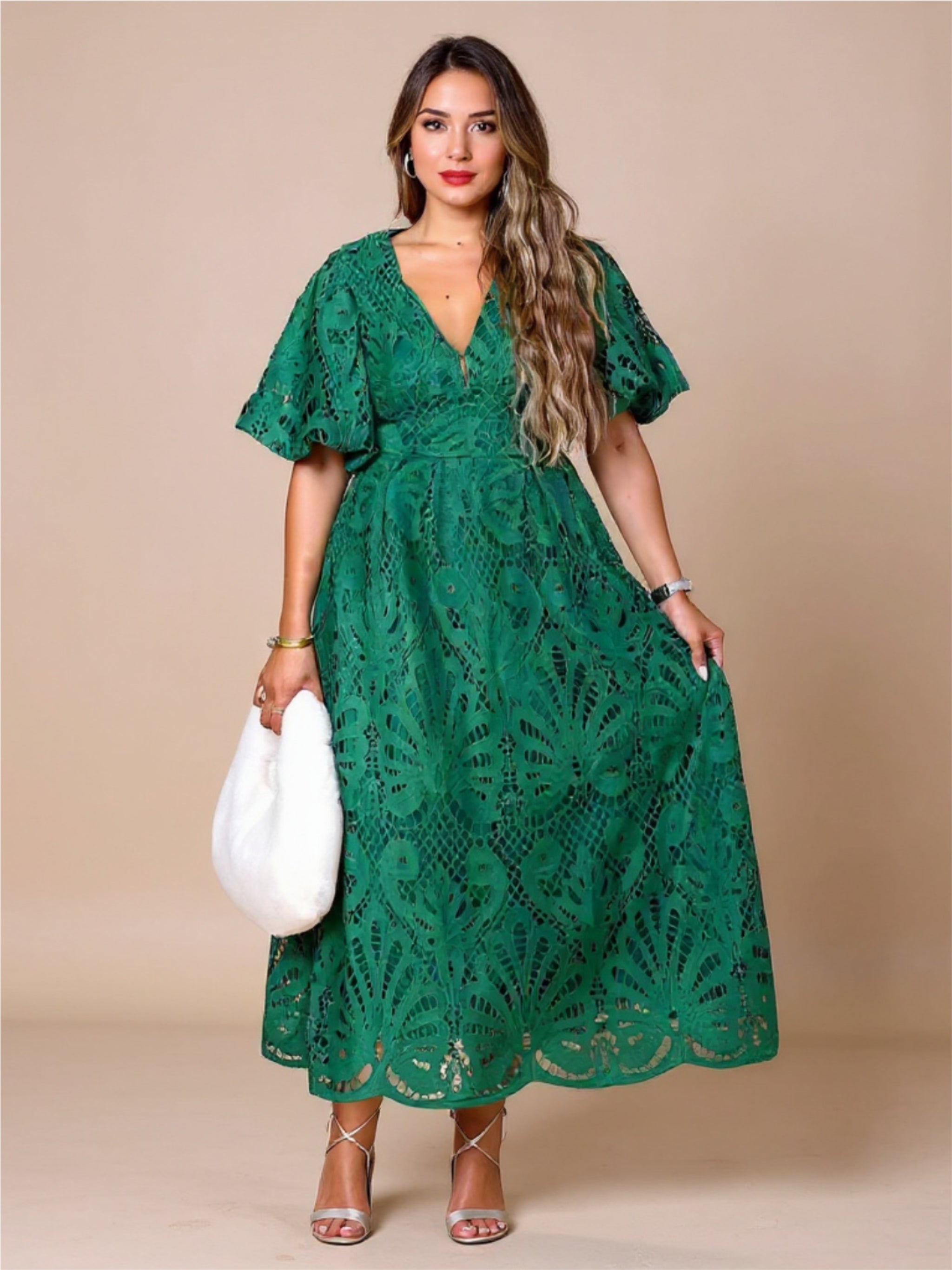 V-Neck Puff Sleeve Lace Dress