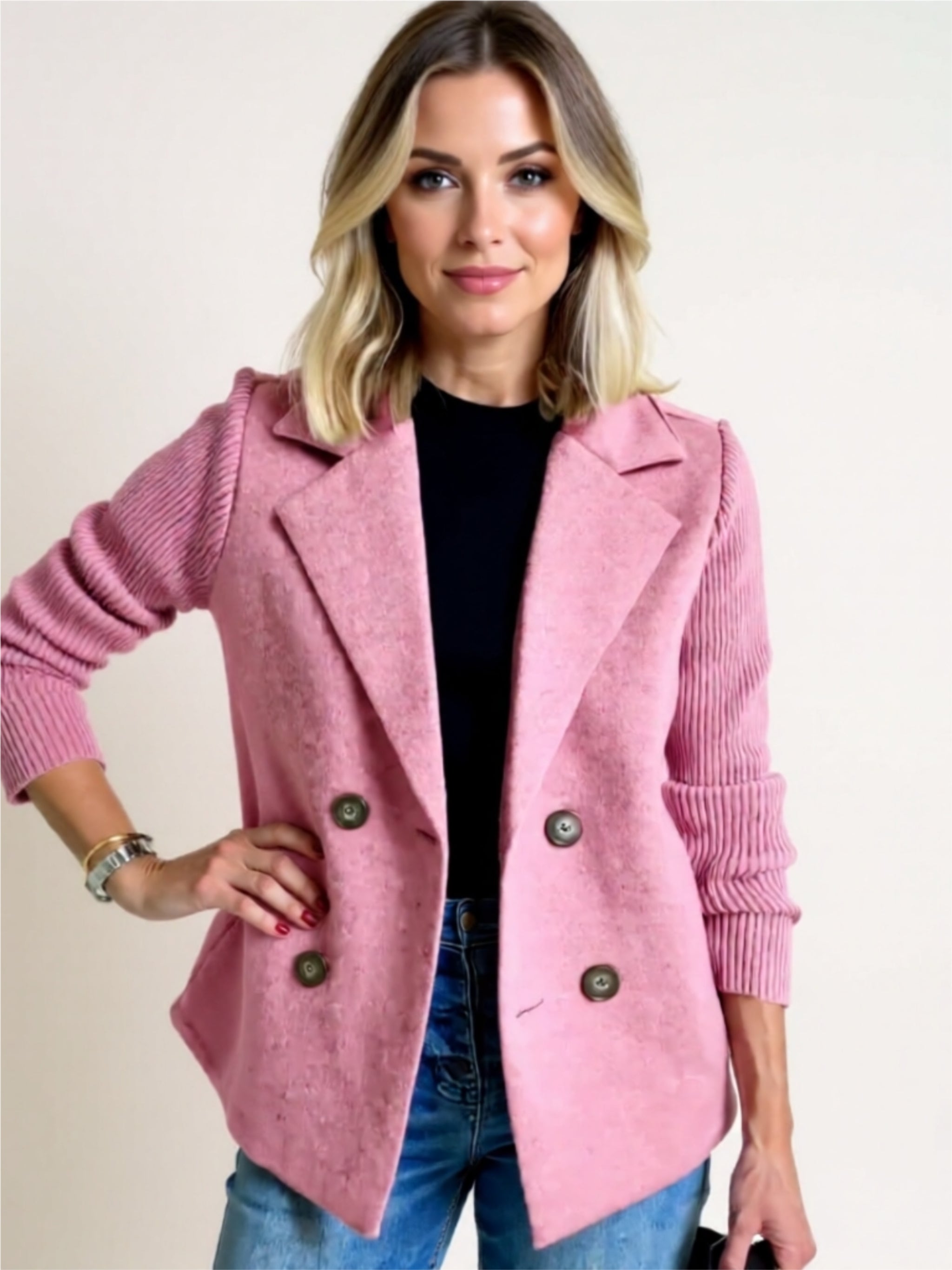 Double-Breasted Ribbed Sleeve Blazer