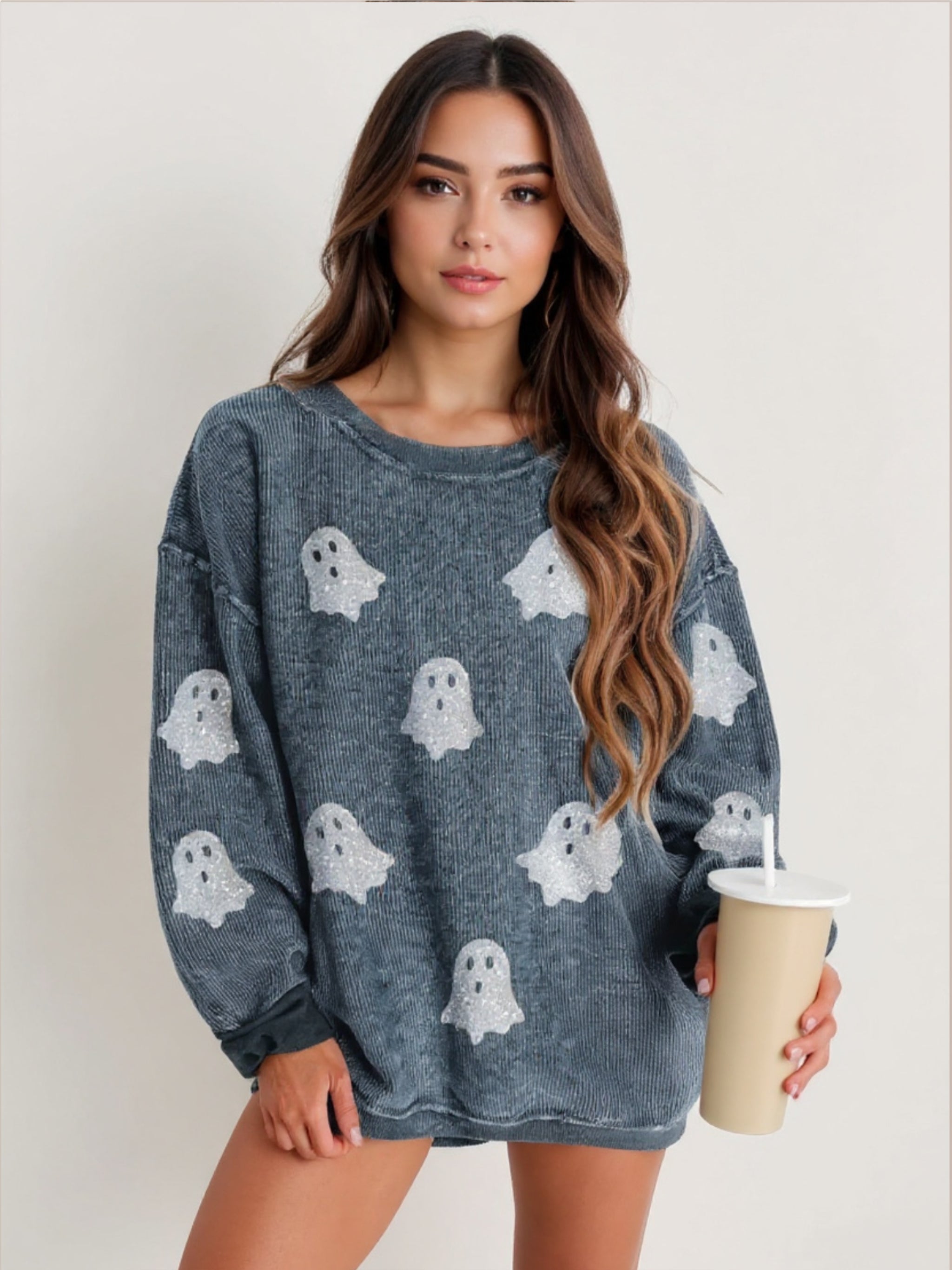 Glitter Ghost Round Neck Sweatshirt