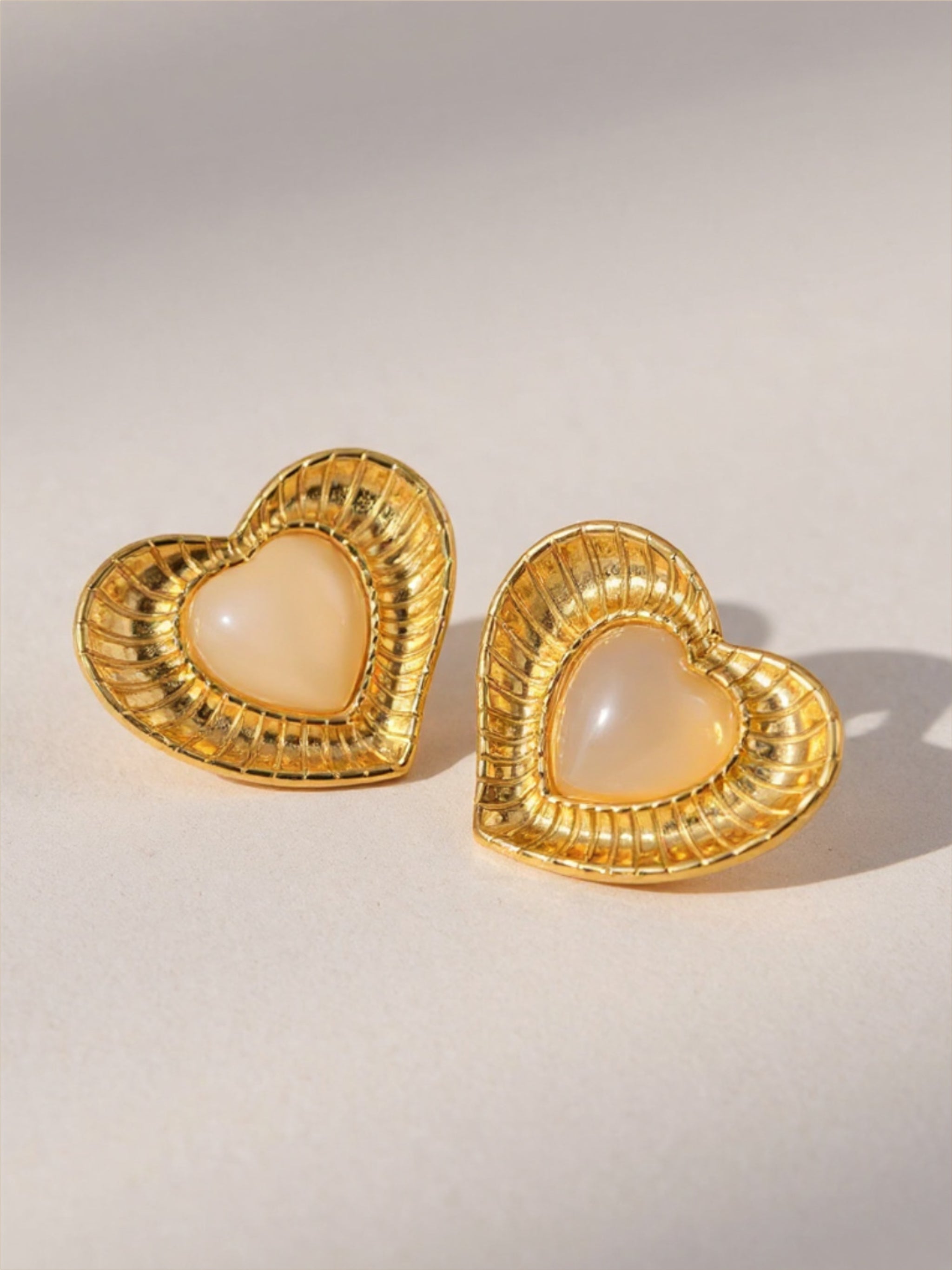 Gold Stainless Steel Cat's Eye Stone Heart Earrings