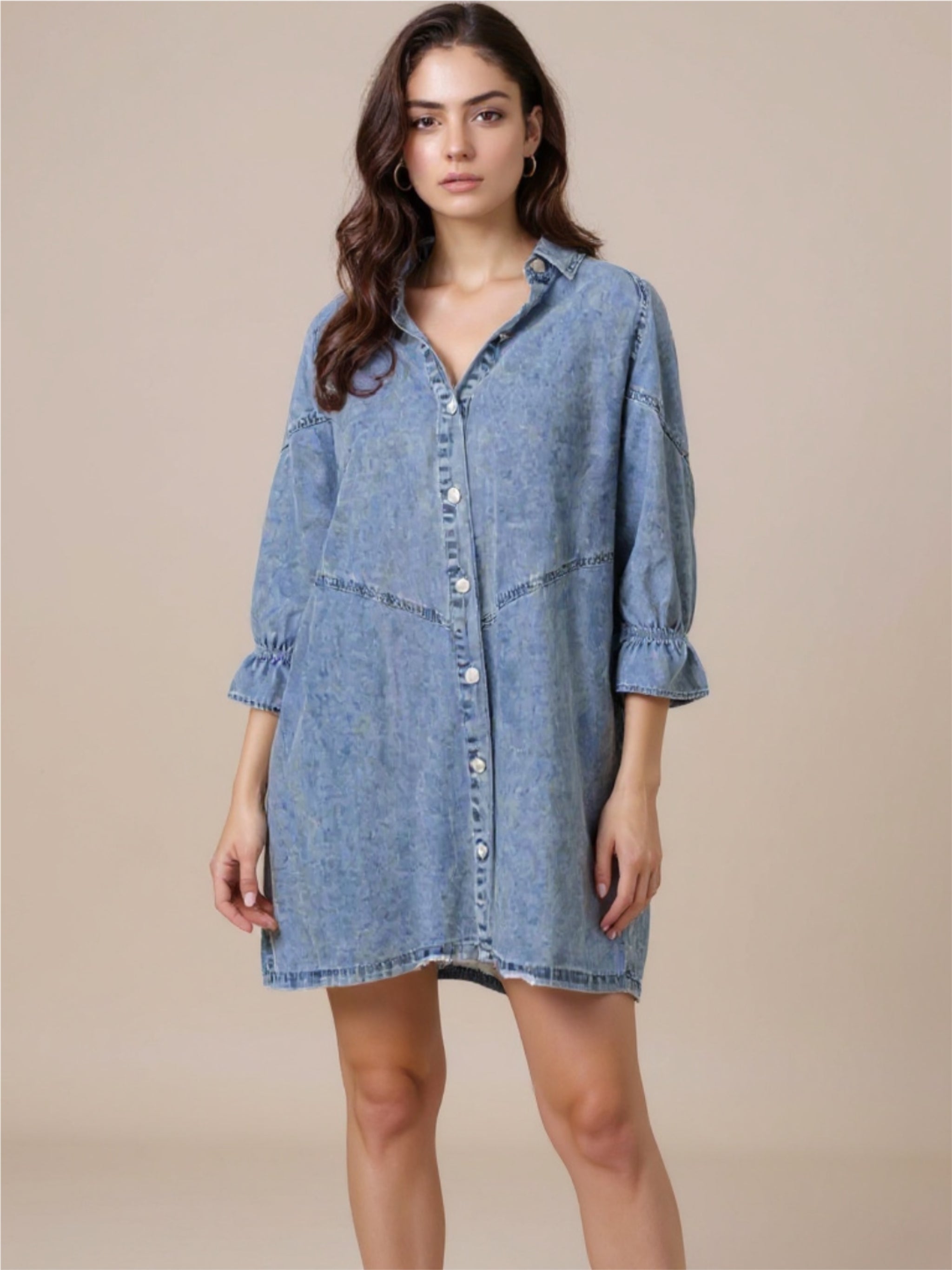 Distressed Collared Neck Flounce Sleeve Denim Dress