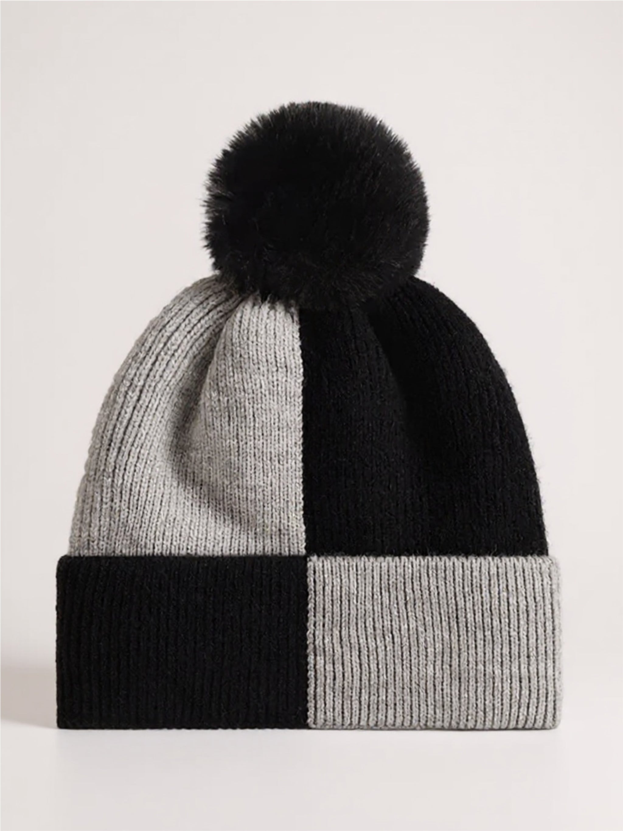 Color Block Knit Beanie with Pom-pom