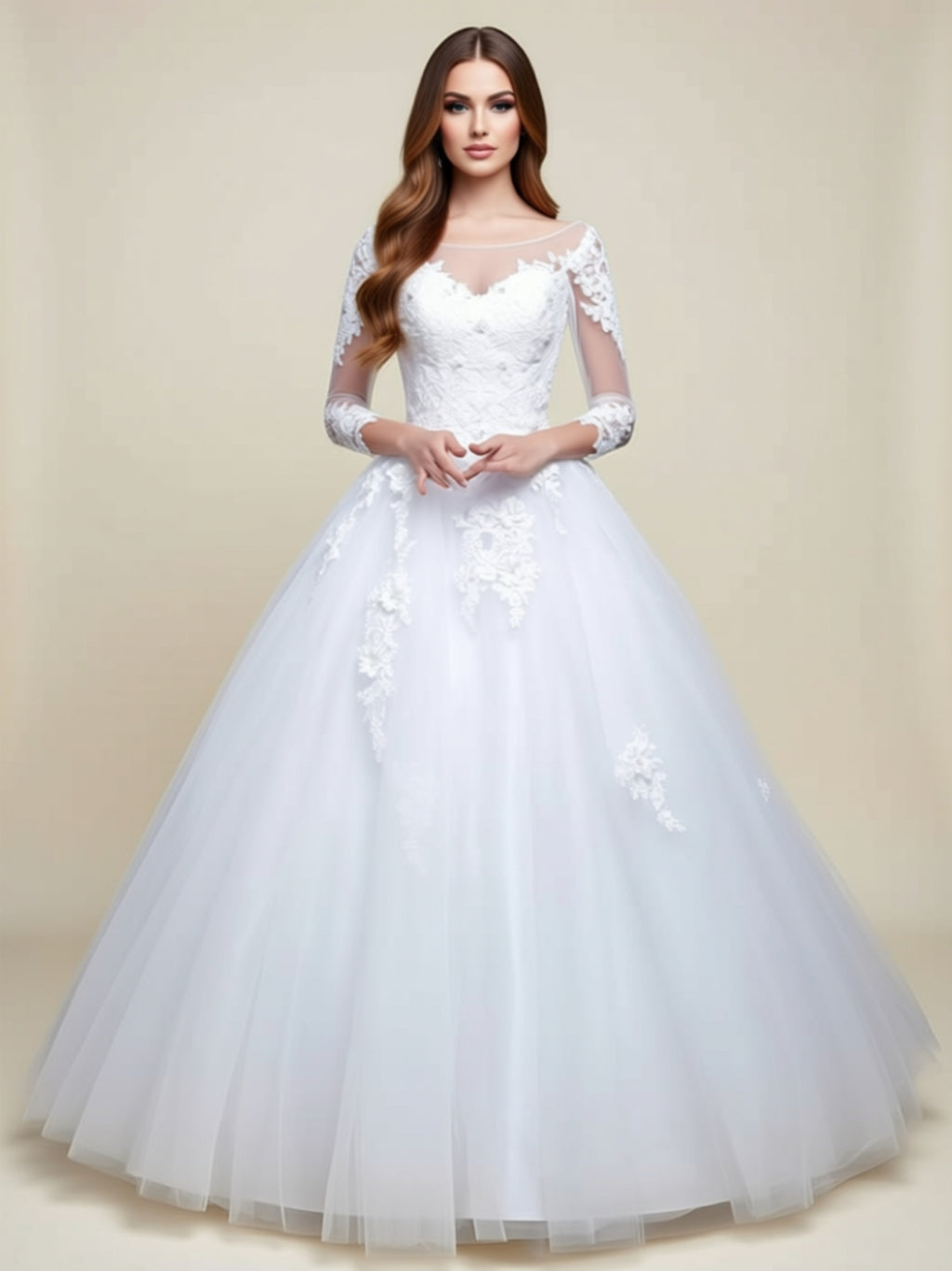 Elegant Lace Long‑Sleeve Ball Gown Wedding Dress with Appliqué Details