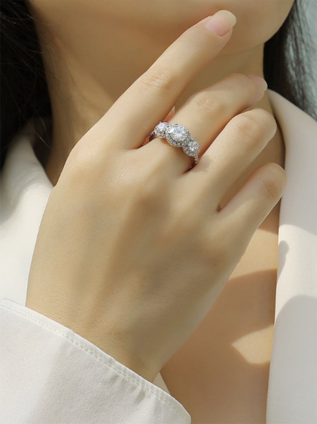1CT Three‑Stone Moissanite Halo Engagement Ring