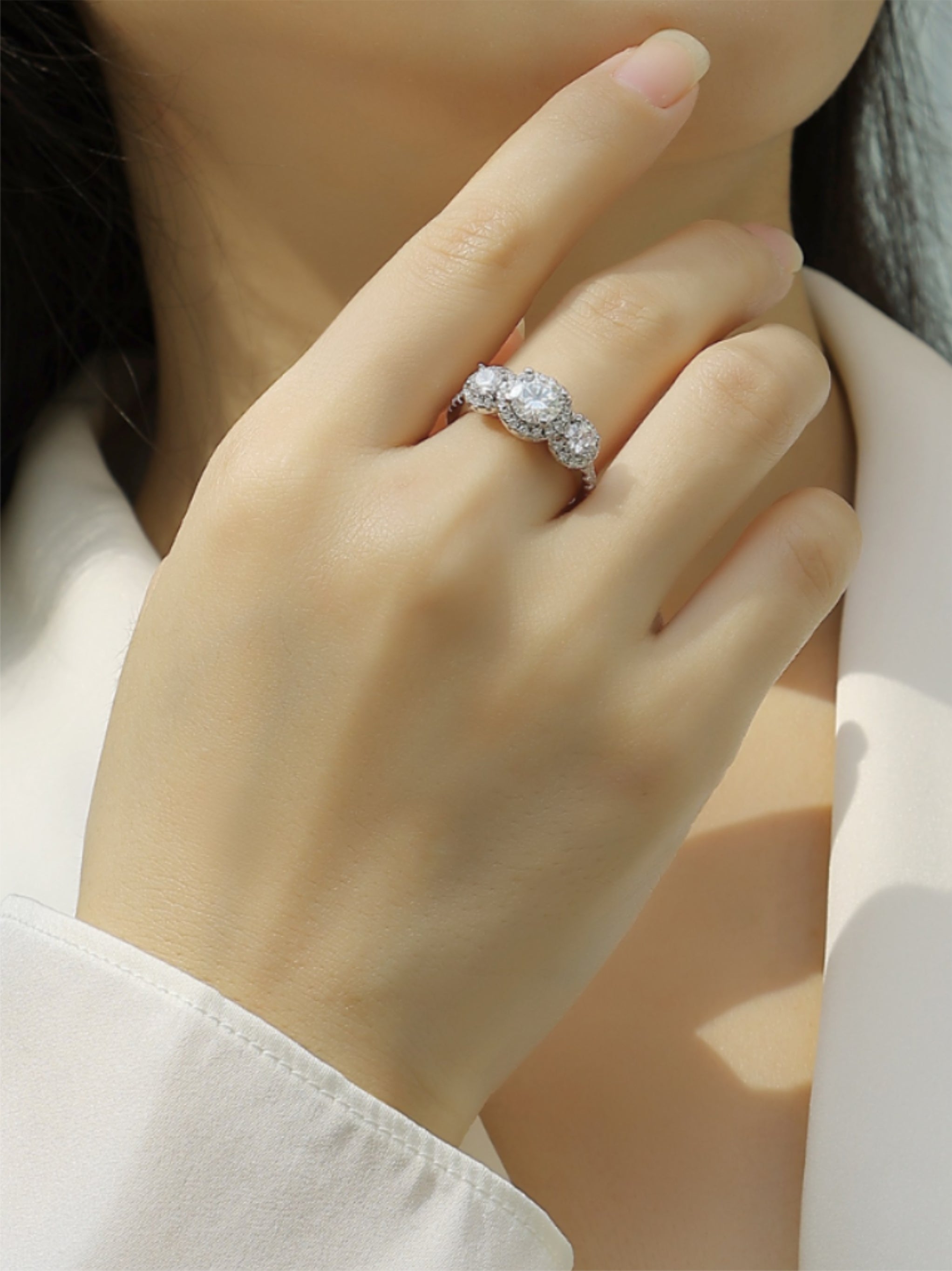 1CT Three‑Stone Moissanite Halo Engagement Ring