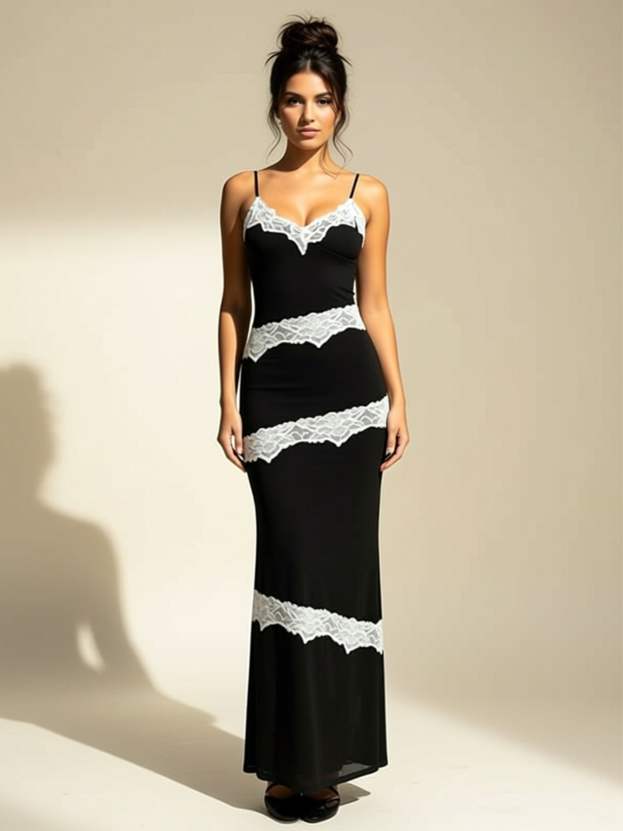 Black Milk Silk Maxi Dress with White Lace Trim