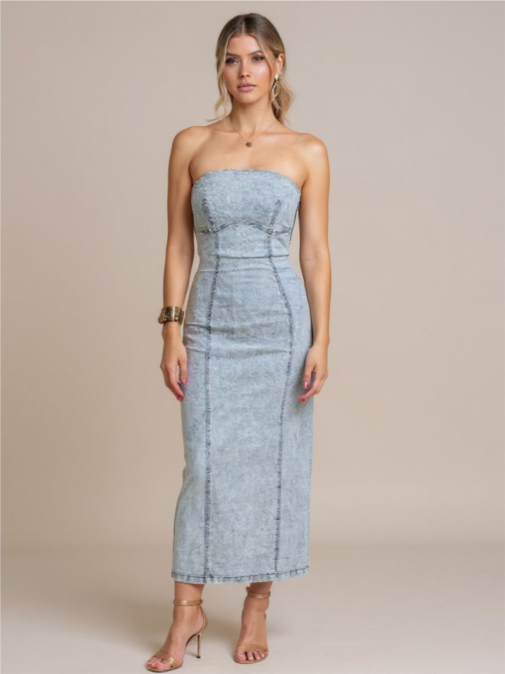 Washed Slit Back Strapless Denim Dress
