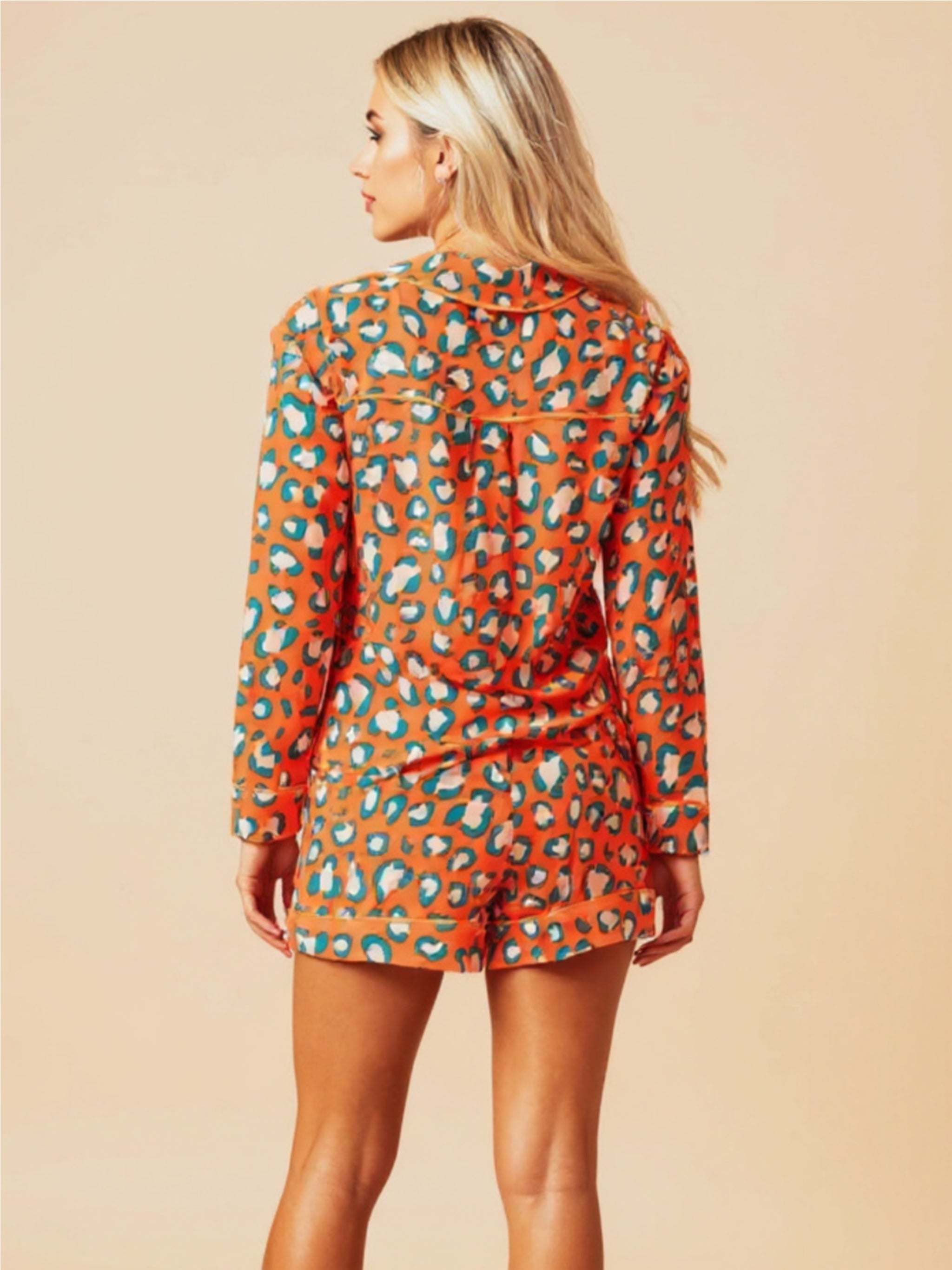 Leopard Collared Neck Long Sleeve Top & Shorts Pajama Set