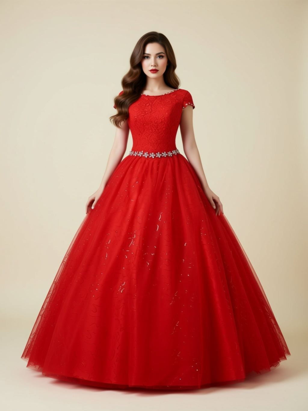 Elegant Lace Ball Gown with Beaded Details