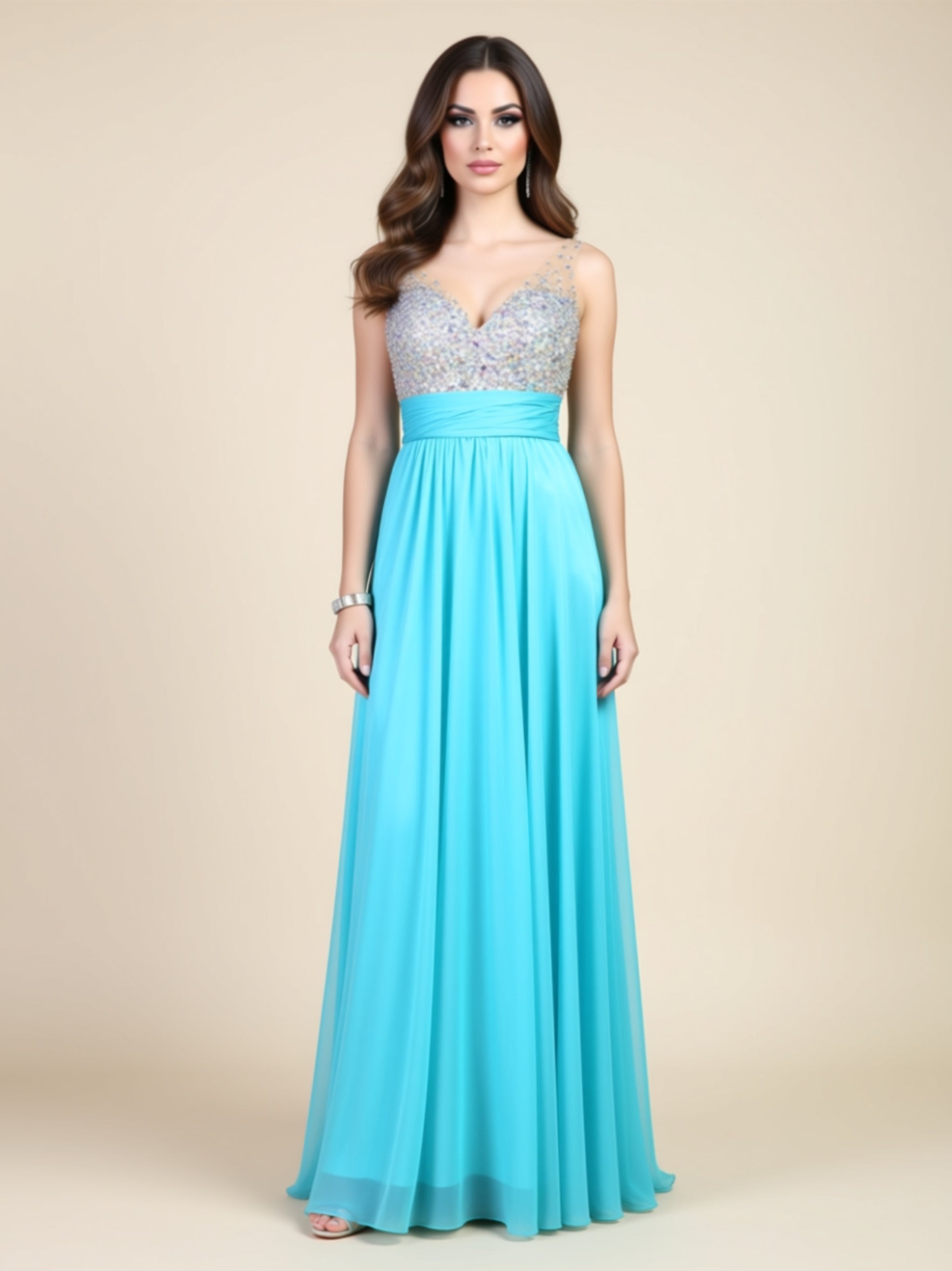 Silk Chiffon Diamond‑Embellished Evening Gown