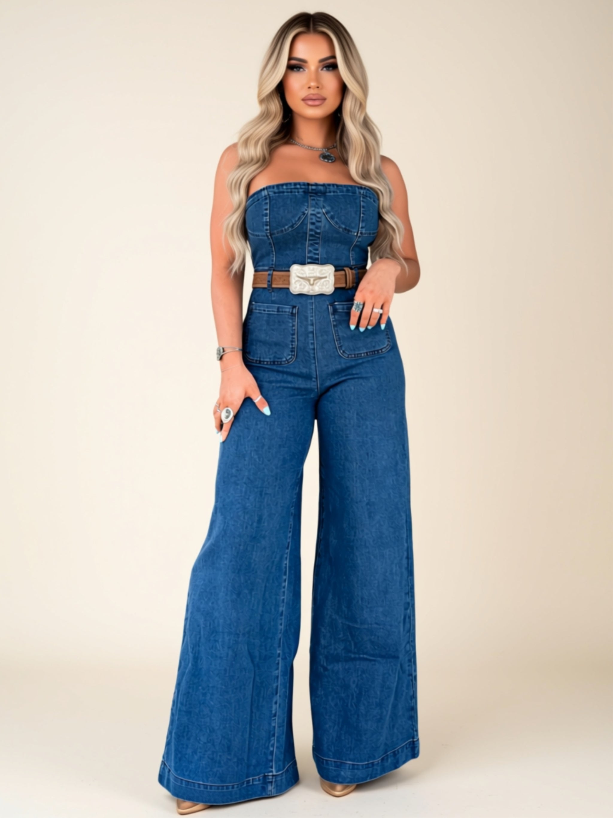 Strapless Wide-Leg Jumpsuit with Denim-Style Stitching Print