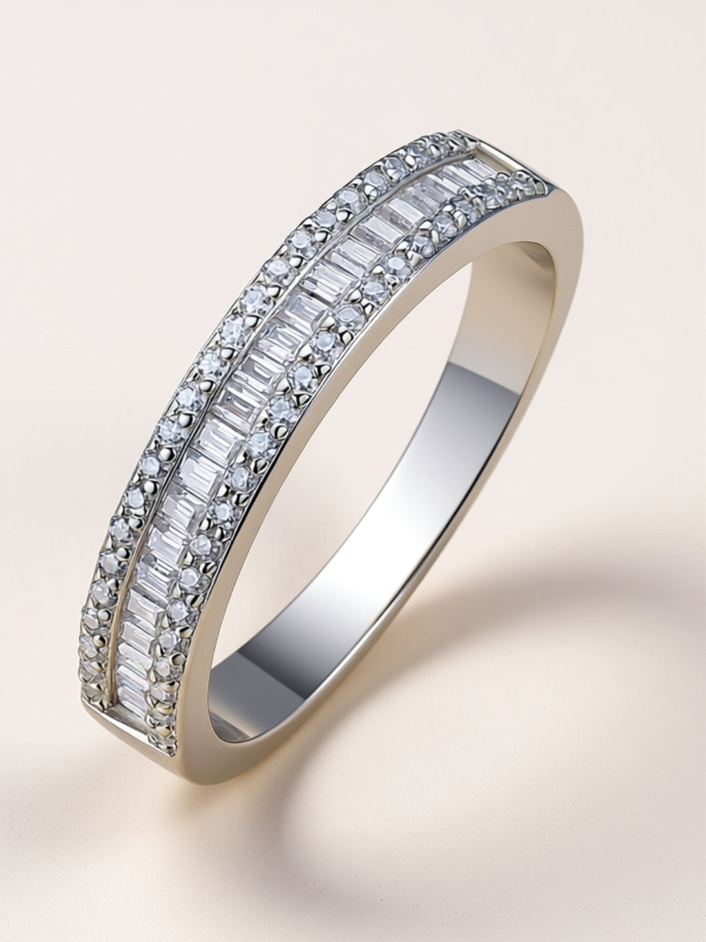 Elegant Baguette Moissanite Band Ring in Platinum‑Plated S925 Silver