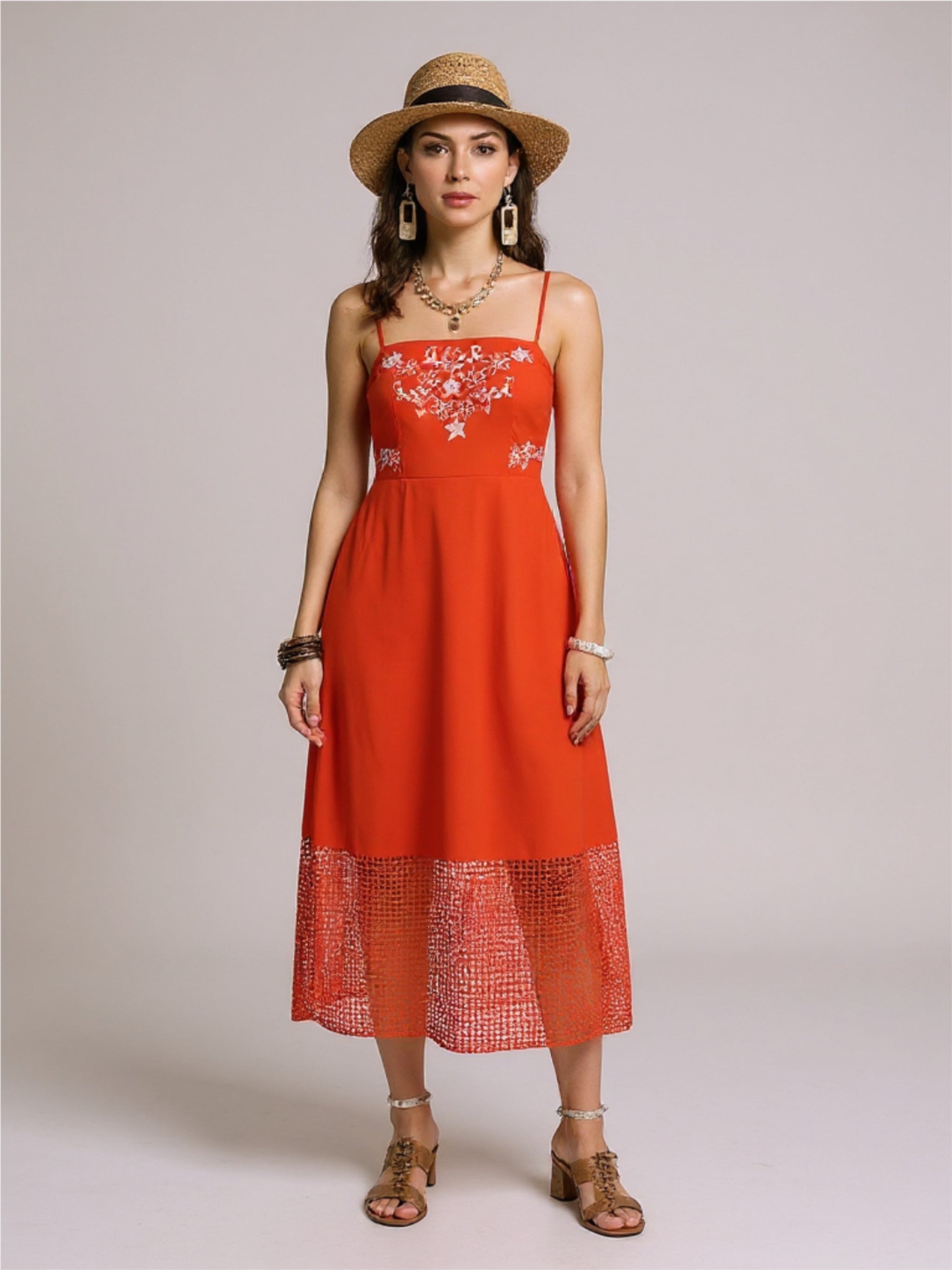 Embroidered Square Neck Midi Dress