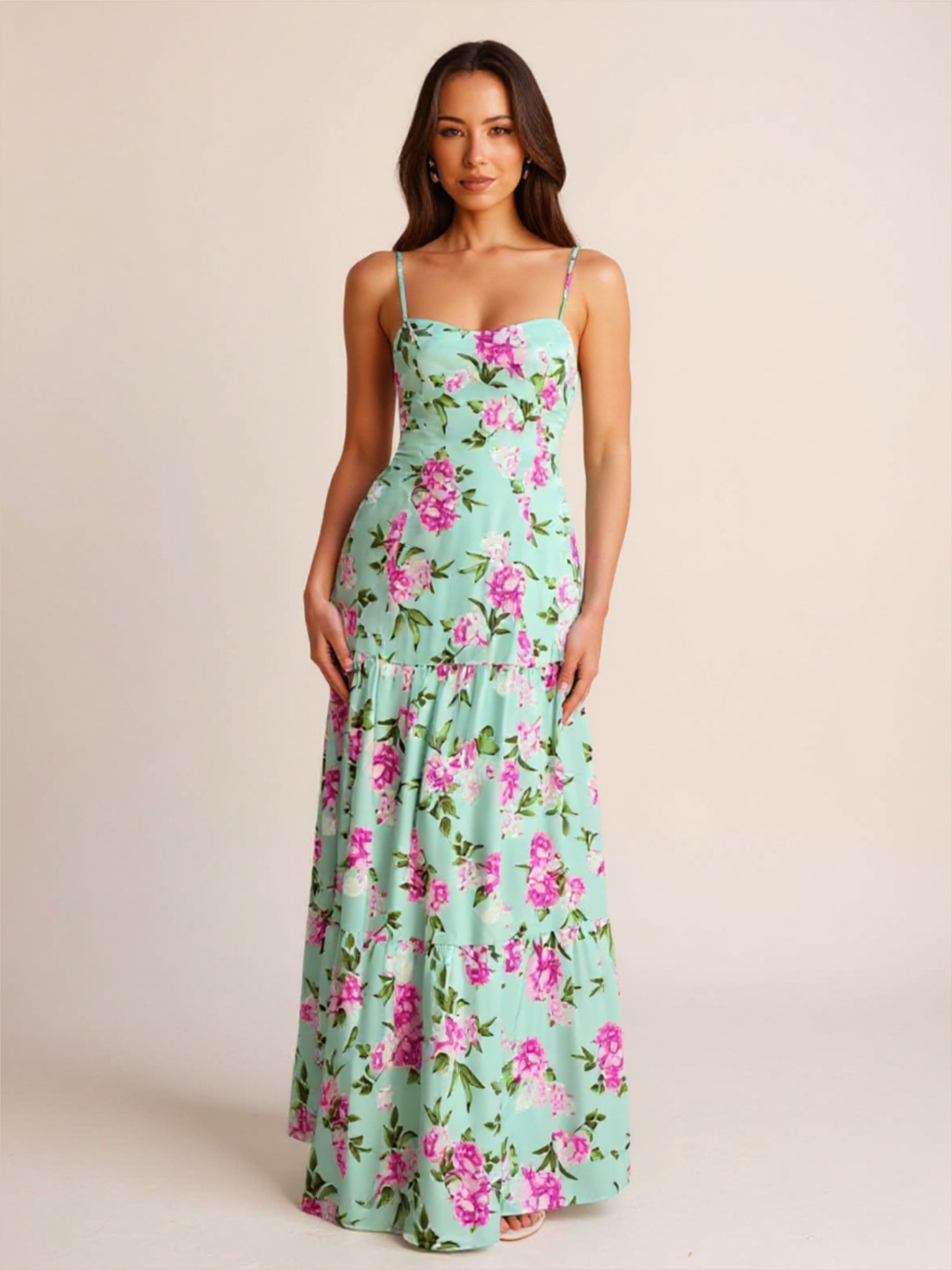 Backless Green Floral Maxi Dress