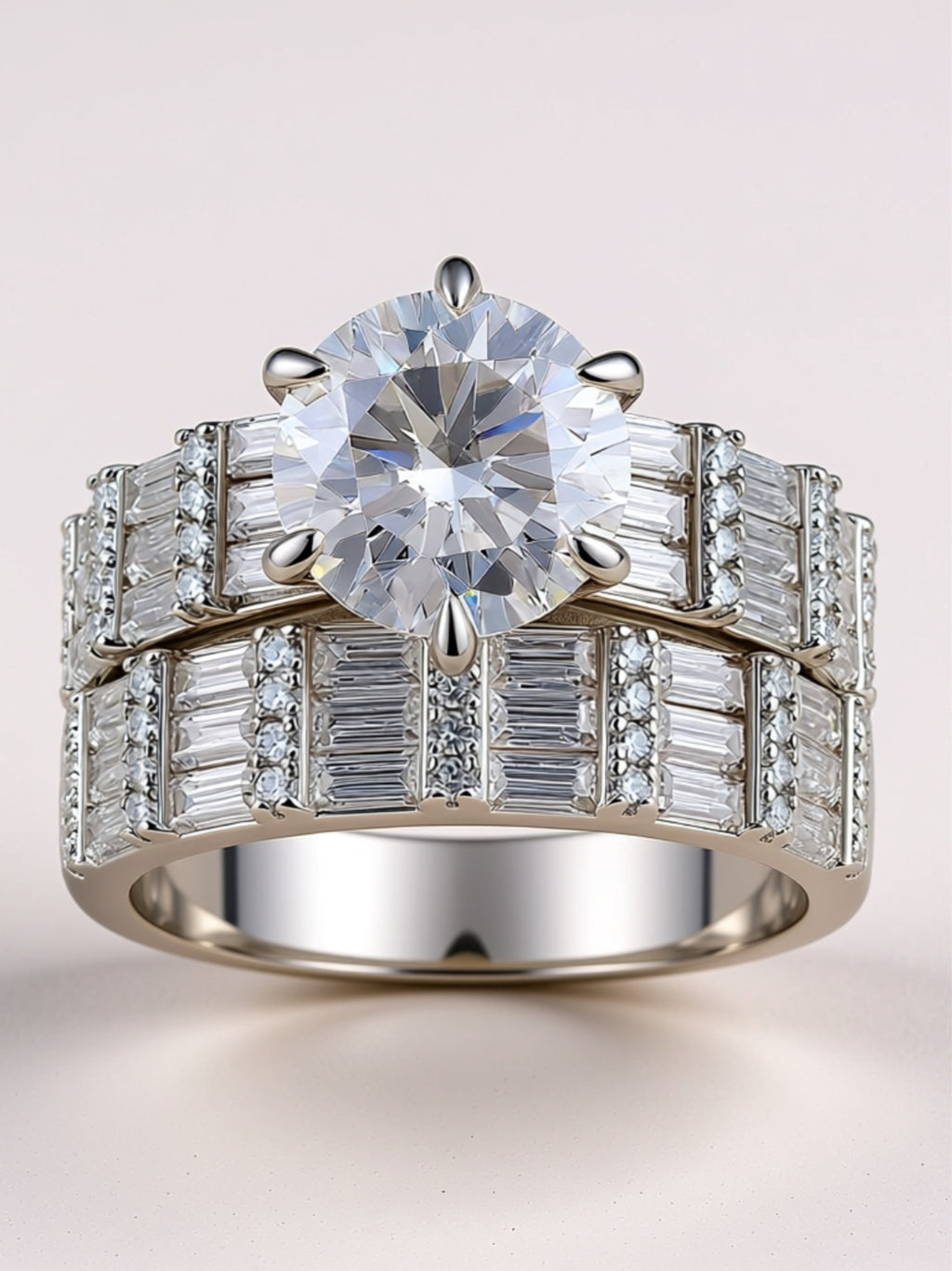 3CT Round Moissanite Bridal Ring Set - Baguette Eternity Wedding Band & Solitaire Engagement Ring