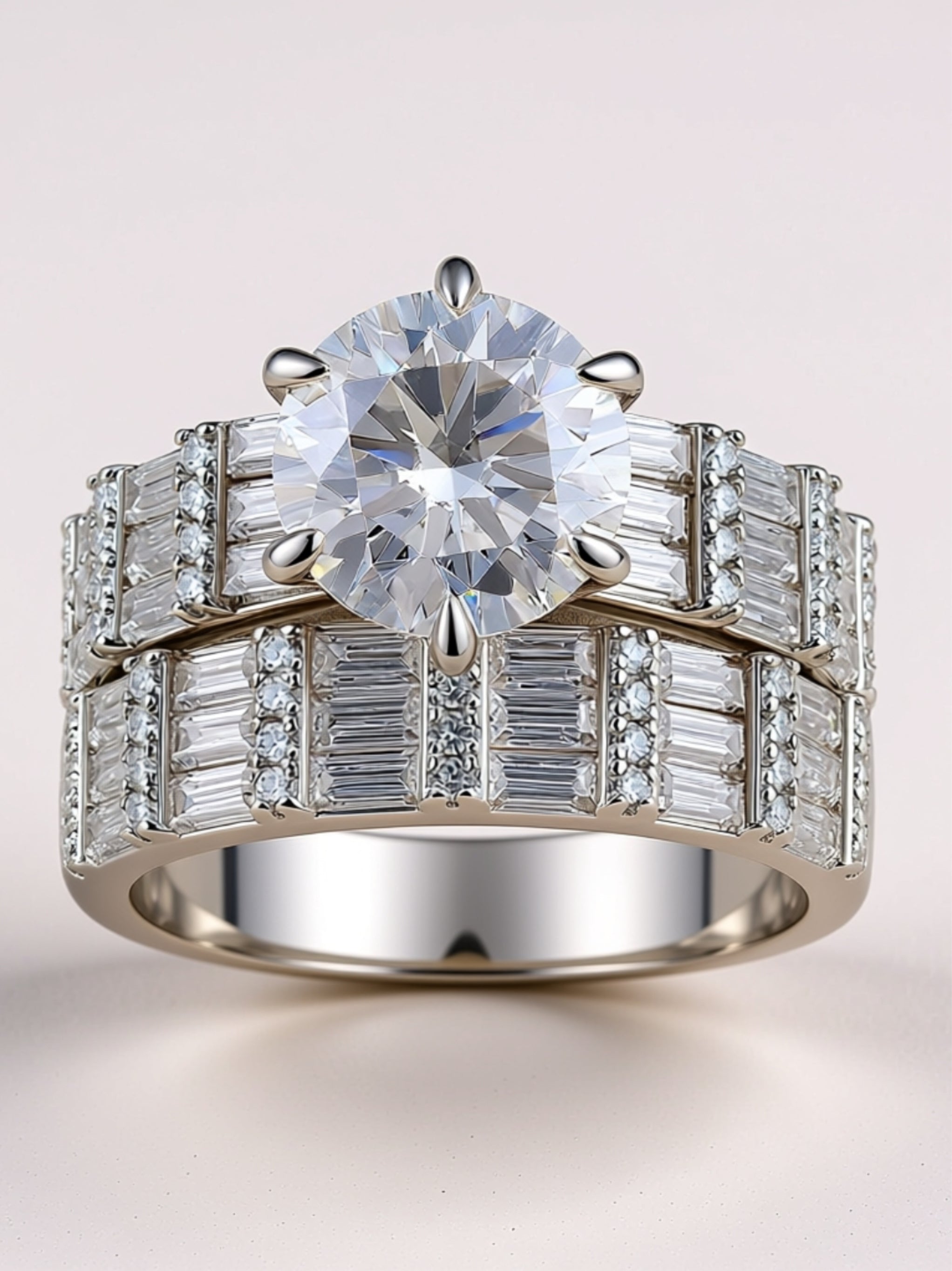 3CT Round Moissanite Bridal Ring Set - Baguette Eternity Wedding Band & Solitaire Engagement Ring