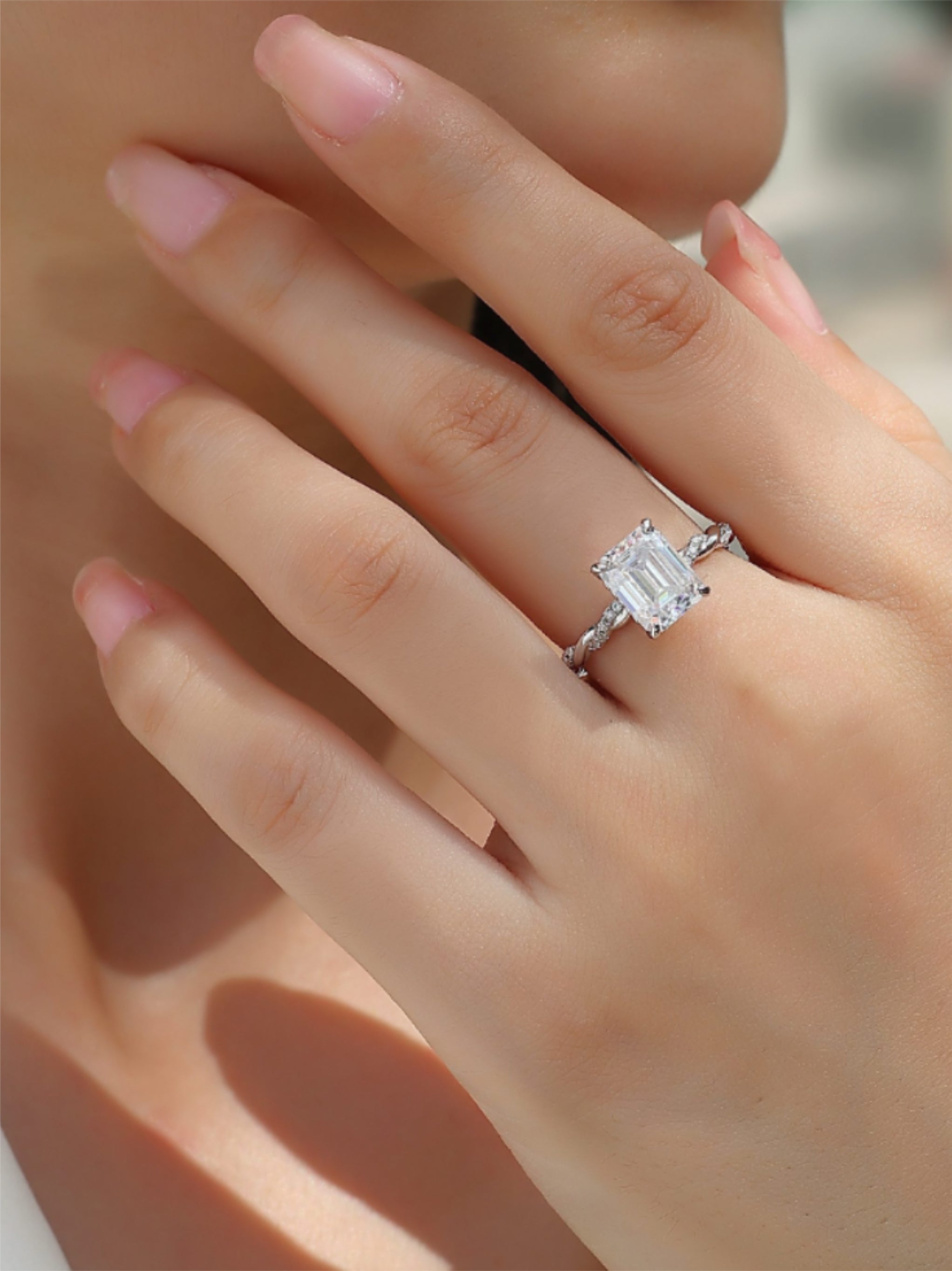 Moissanite Engagement Ring – Emerald Cut Solitaire with Twisted Pavé Band