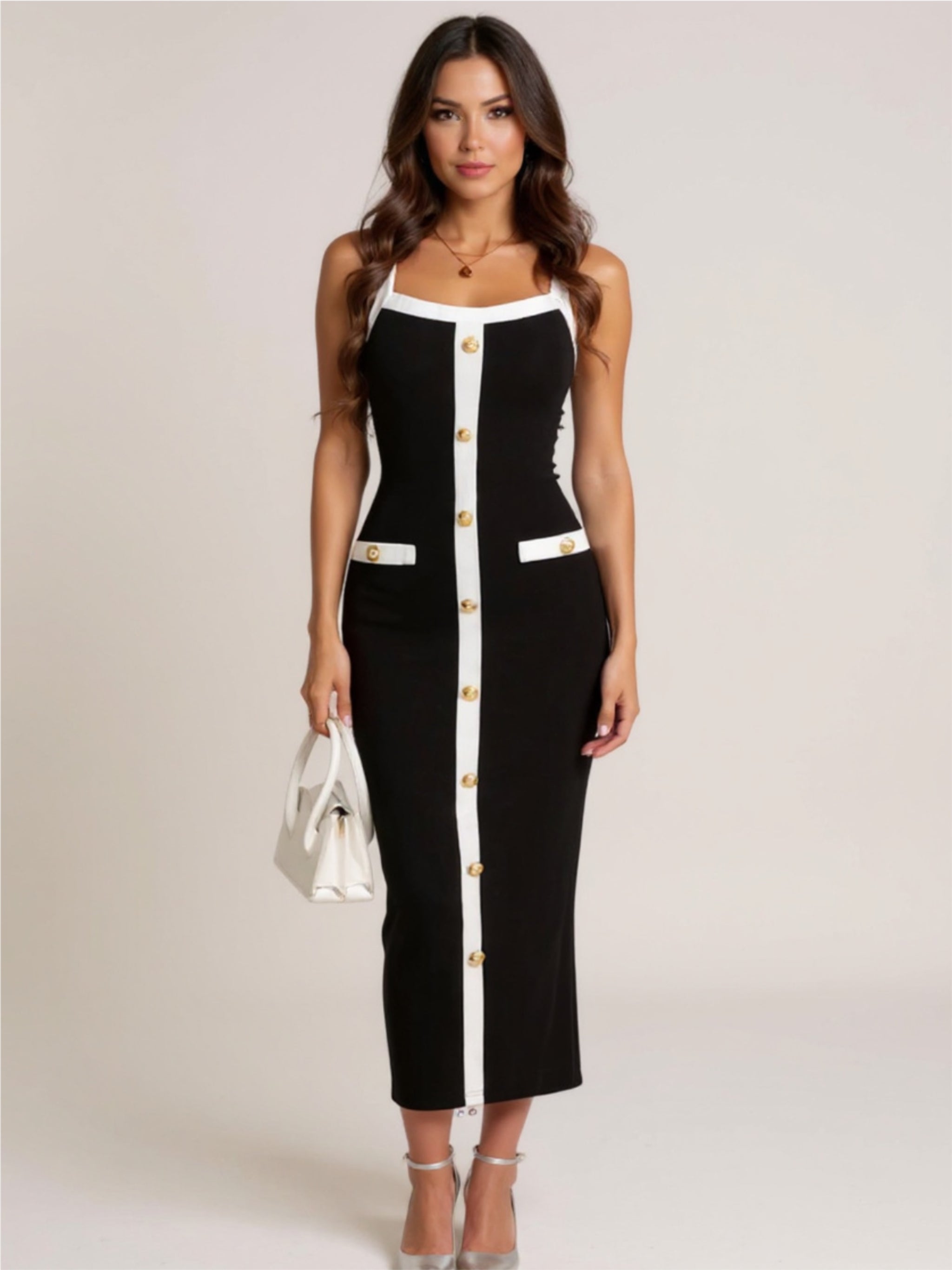 Black & White Midi Dress with Gold Button Accents