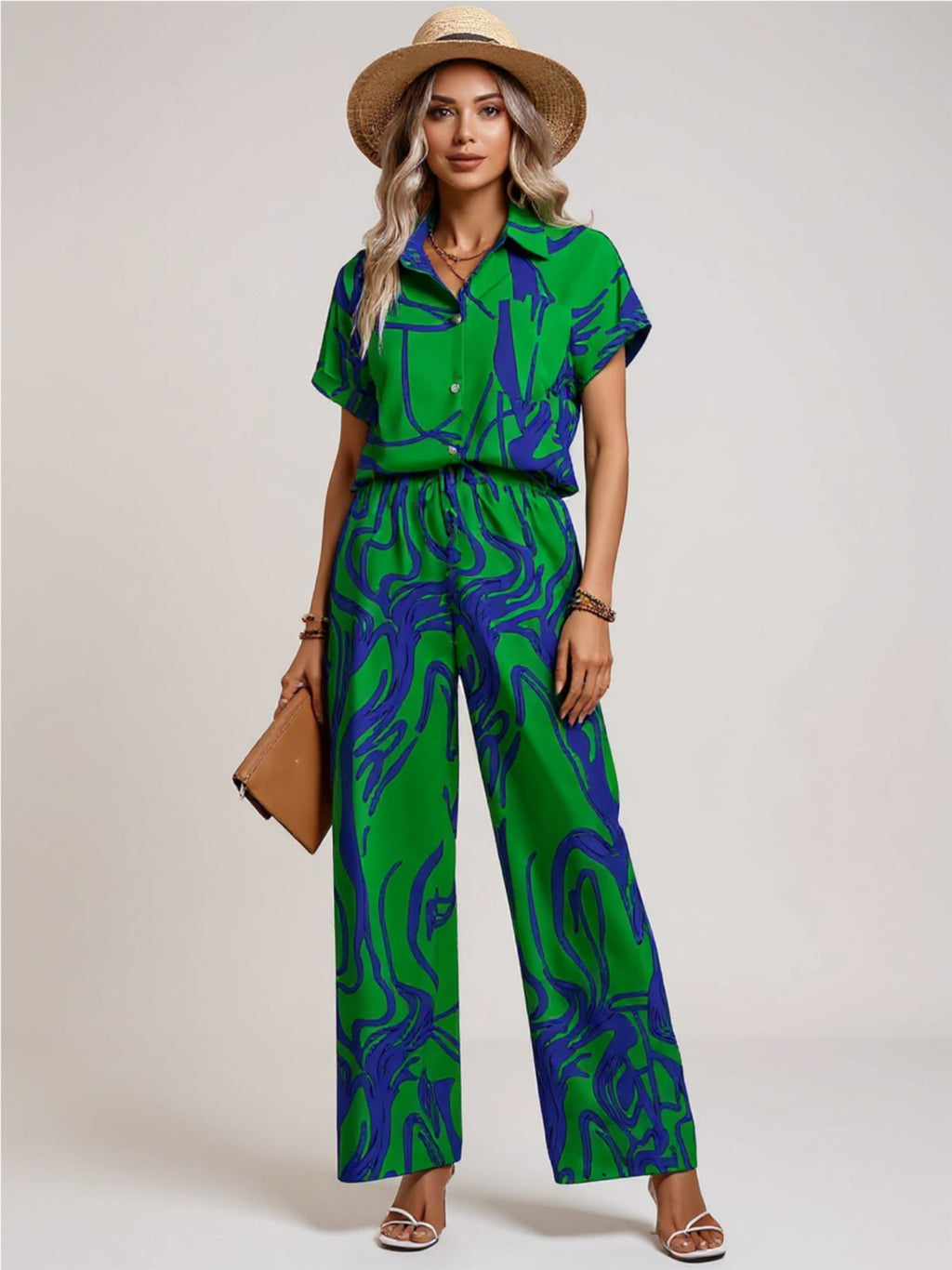 Green Printed Button Up Shirt & Pants Set