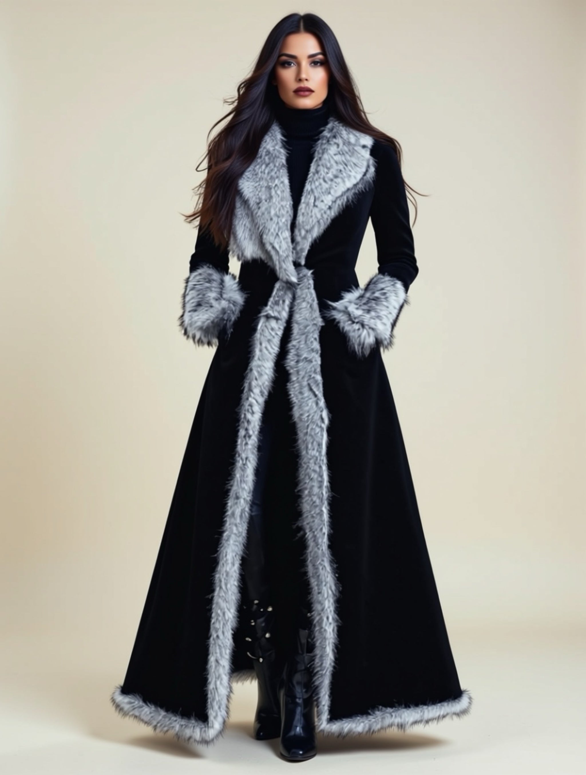 Black Faux Fur Trim Long Coat