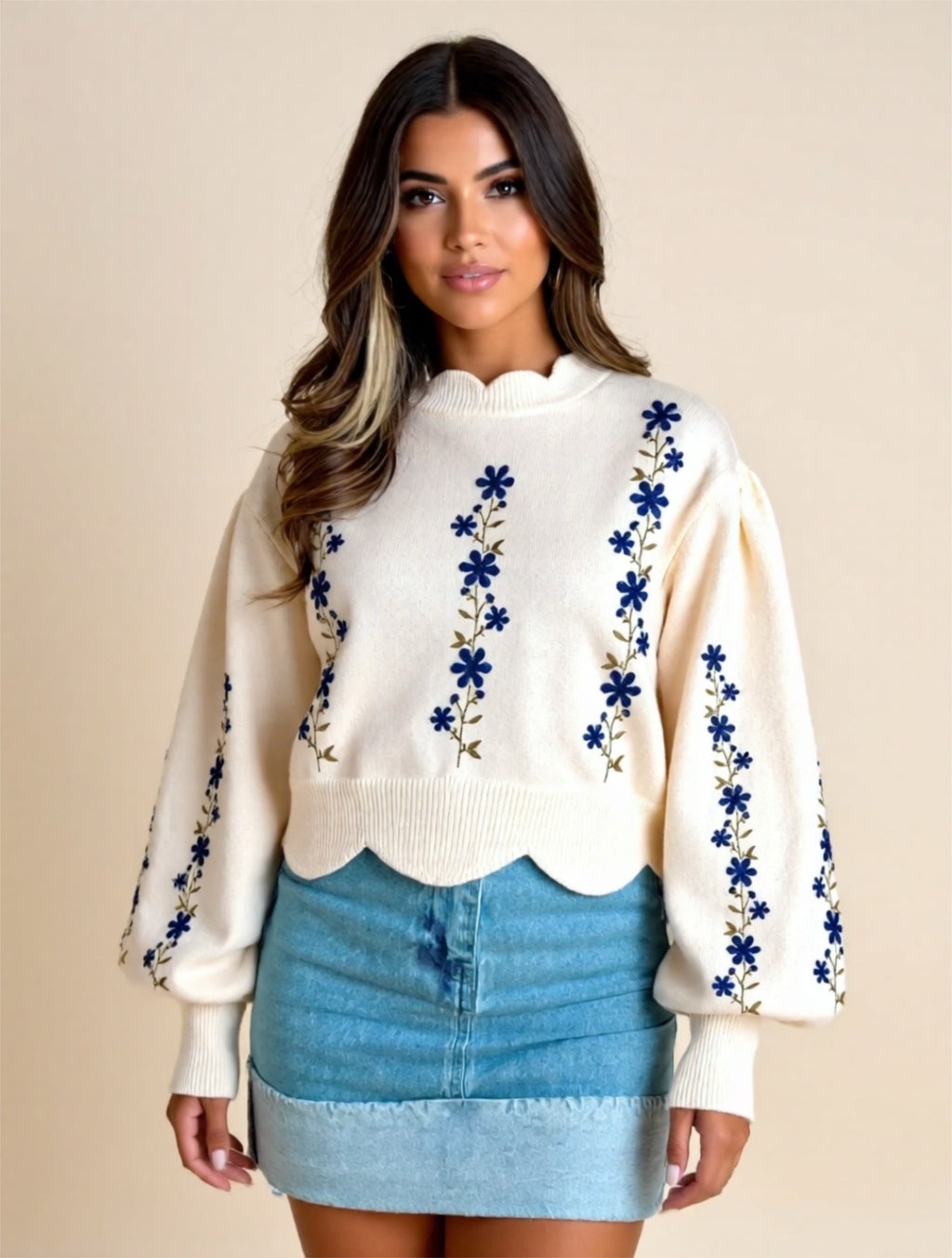 Floral Embroidered Scallop Hem Cropped Sweater