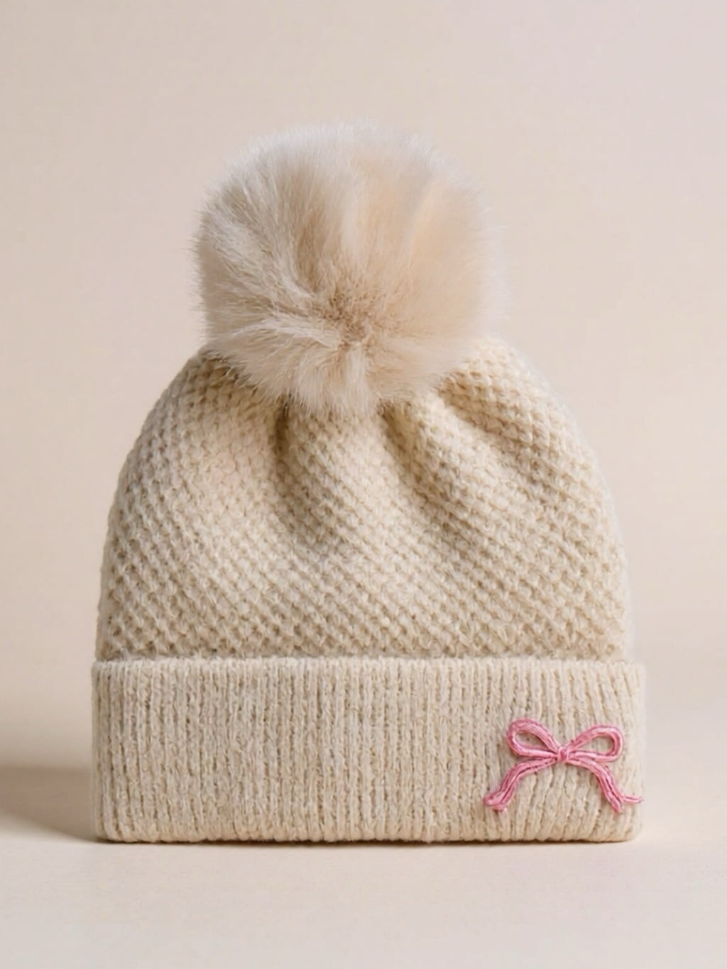 Thermal Bow Knit Beanie with Pompom