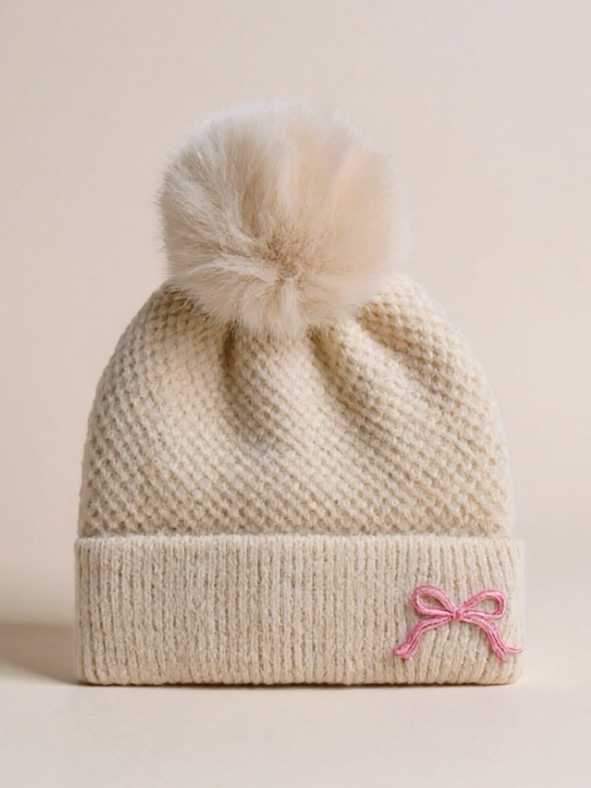 Thermal Bow Knit Beanie with Pompom
