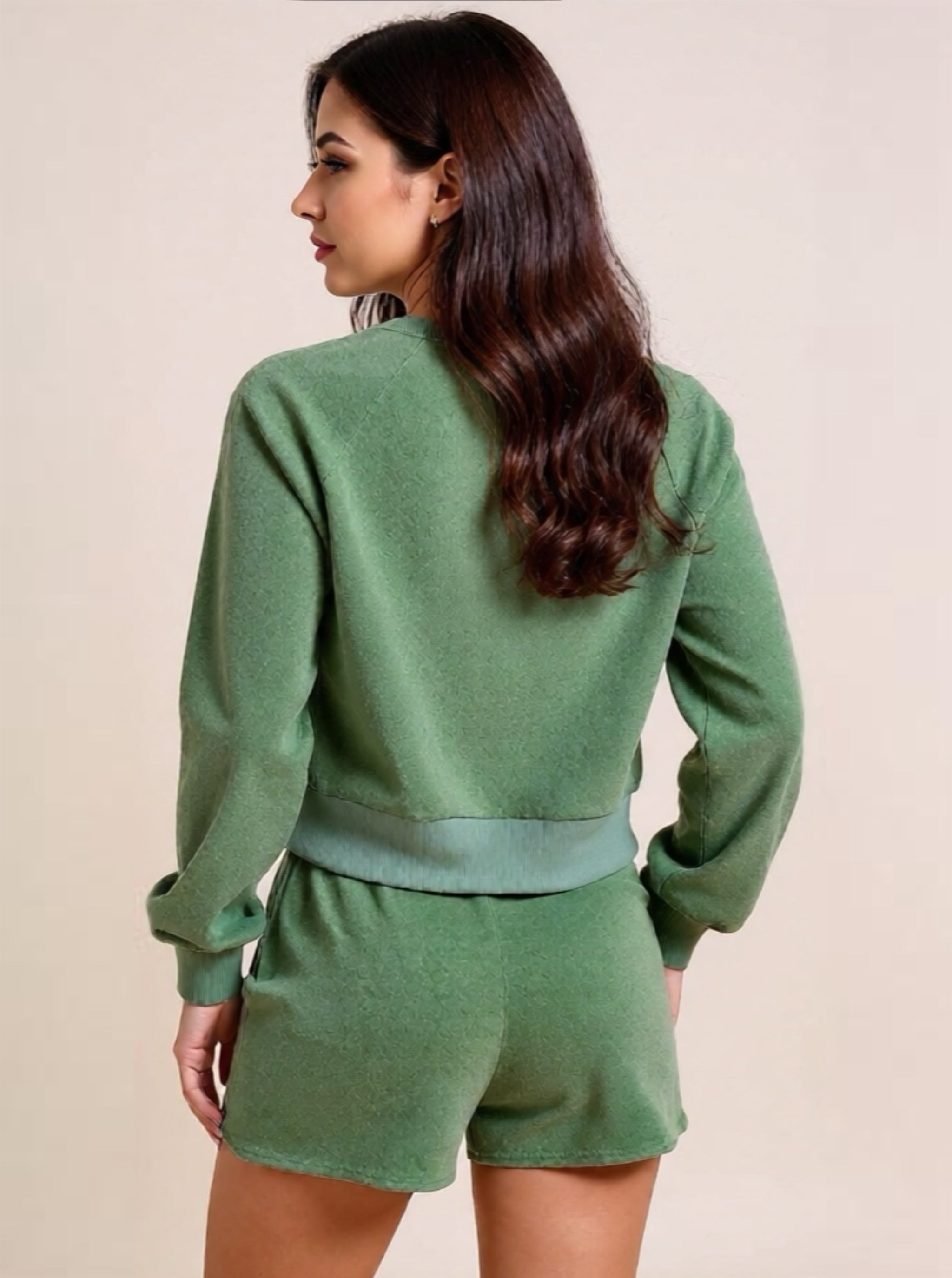 Round Neck Long Sleeve Top & Drawstring Shorts Lounge Set