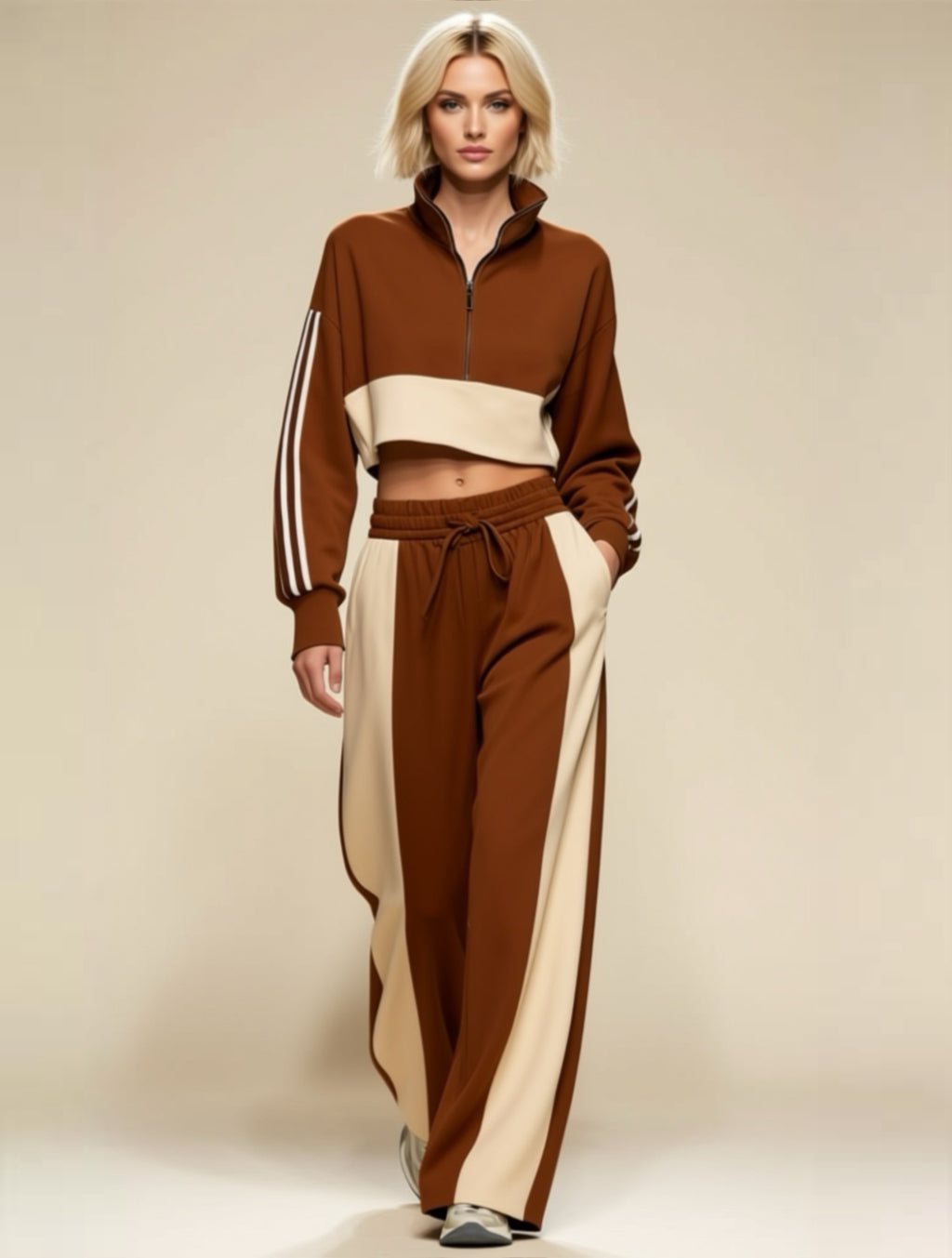 Colorblock Zip‑Up Crop Sweatshirt & Wide‑Leg Pant Set
