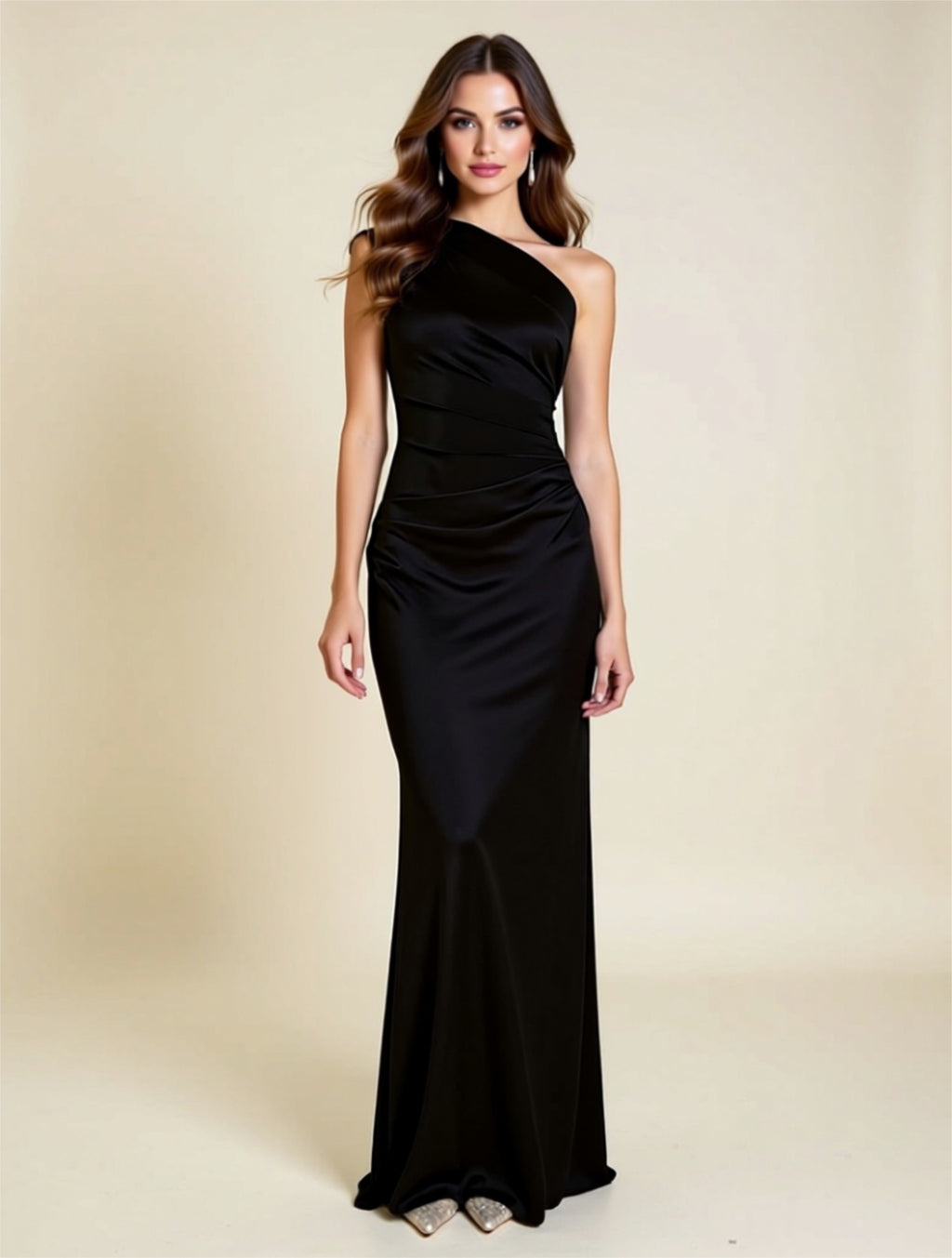 One‑Shoulder Satin Maxi Evening Gown