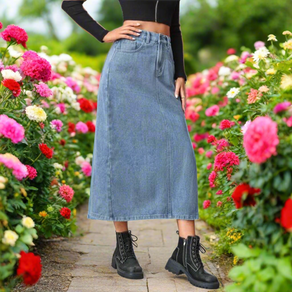 Slit High Waist Denim Skirt with Pockets