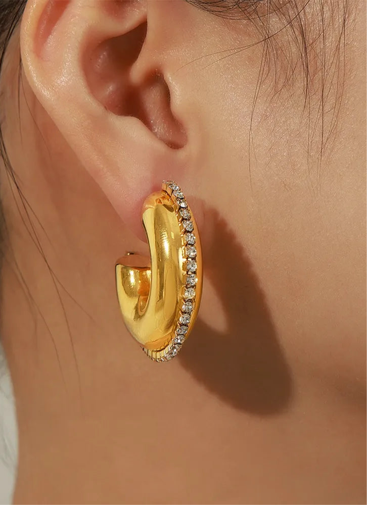 Titanium Steel Inlaid CZ C-Hoop Earrings