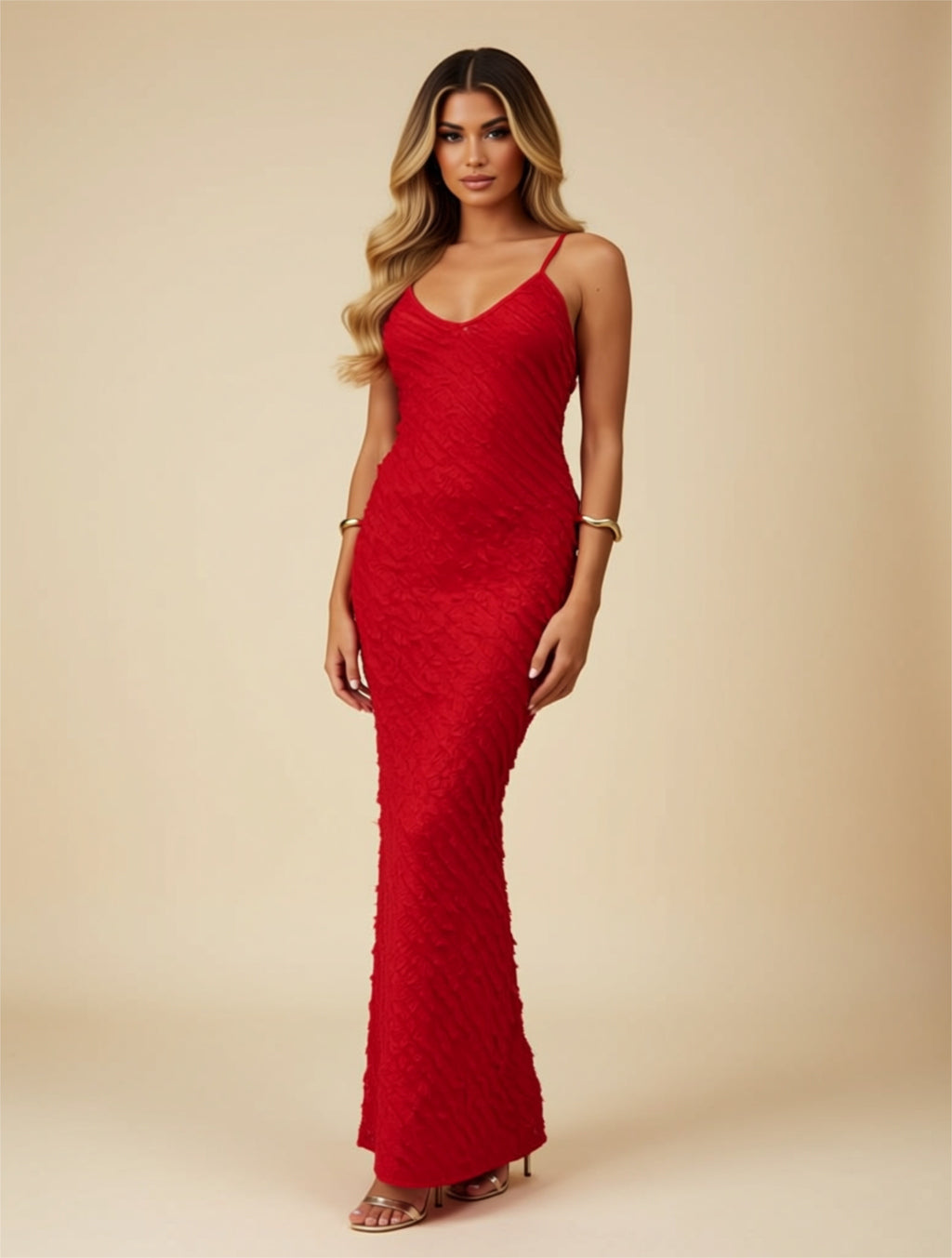 Textured V‑Neck Spaghetti Strap Maxi Dress